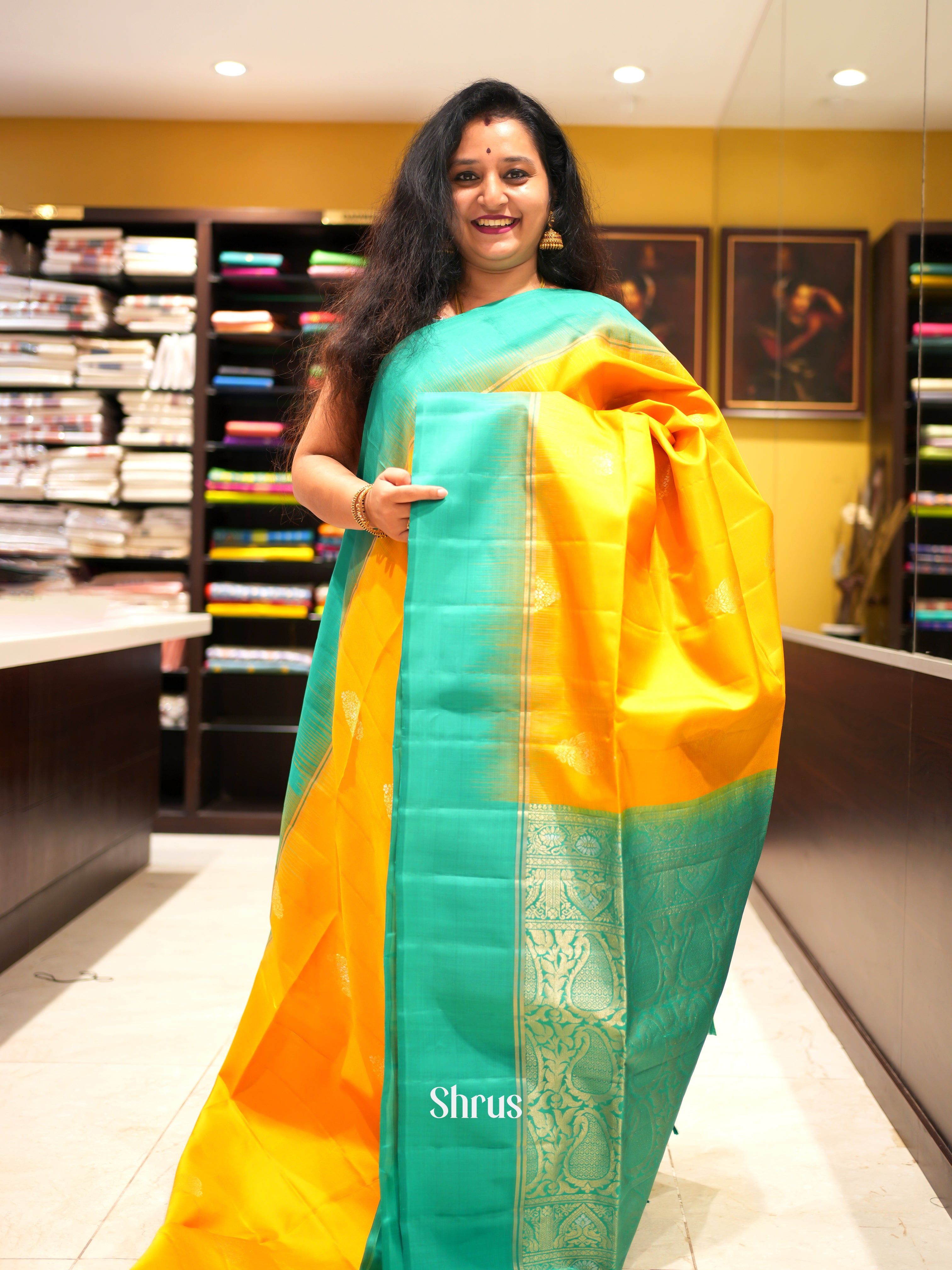 Yellow & Teal Green - Soft Silk Saree - Shop on ShrusEternity.com