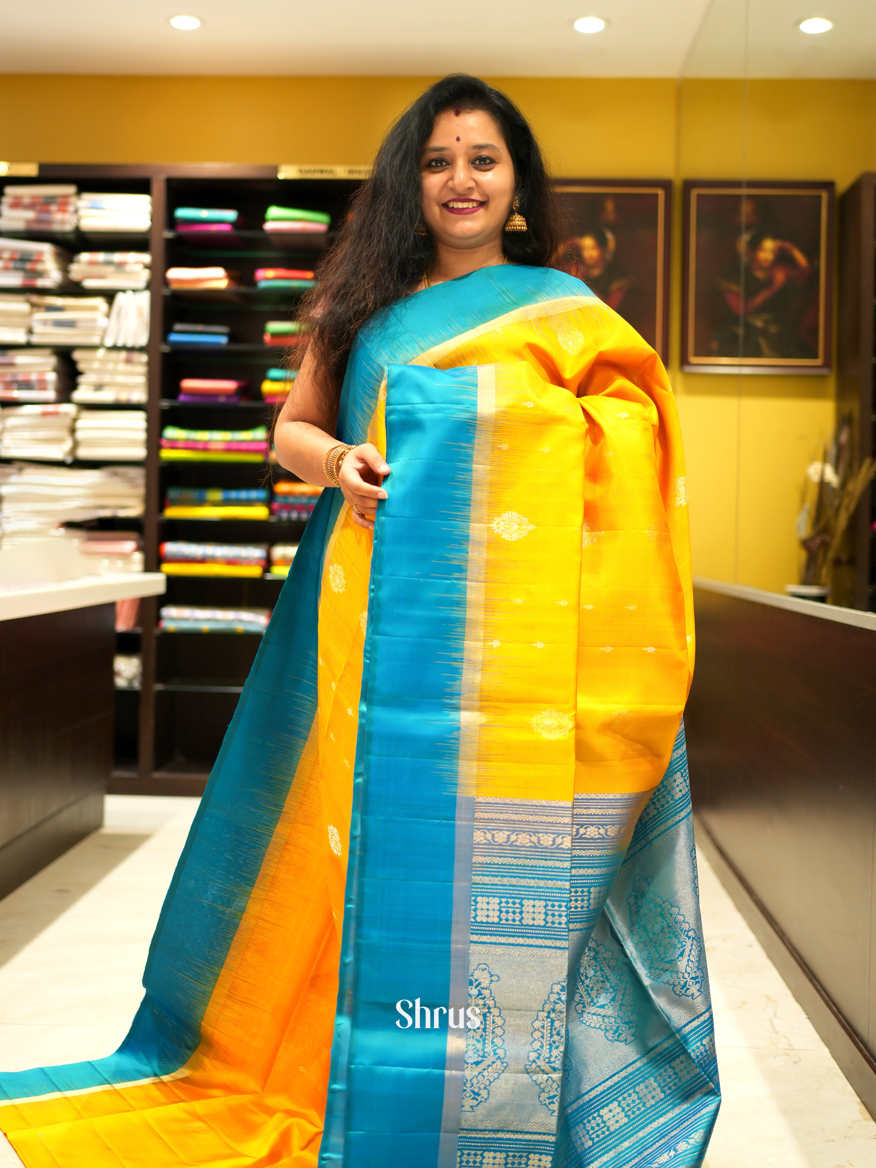 Yellow & Blue - Soft Silk Saree - Shop on ShrusEternity.com
