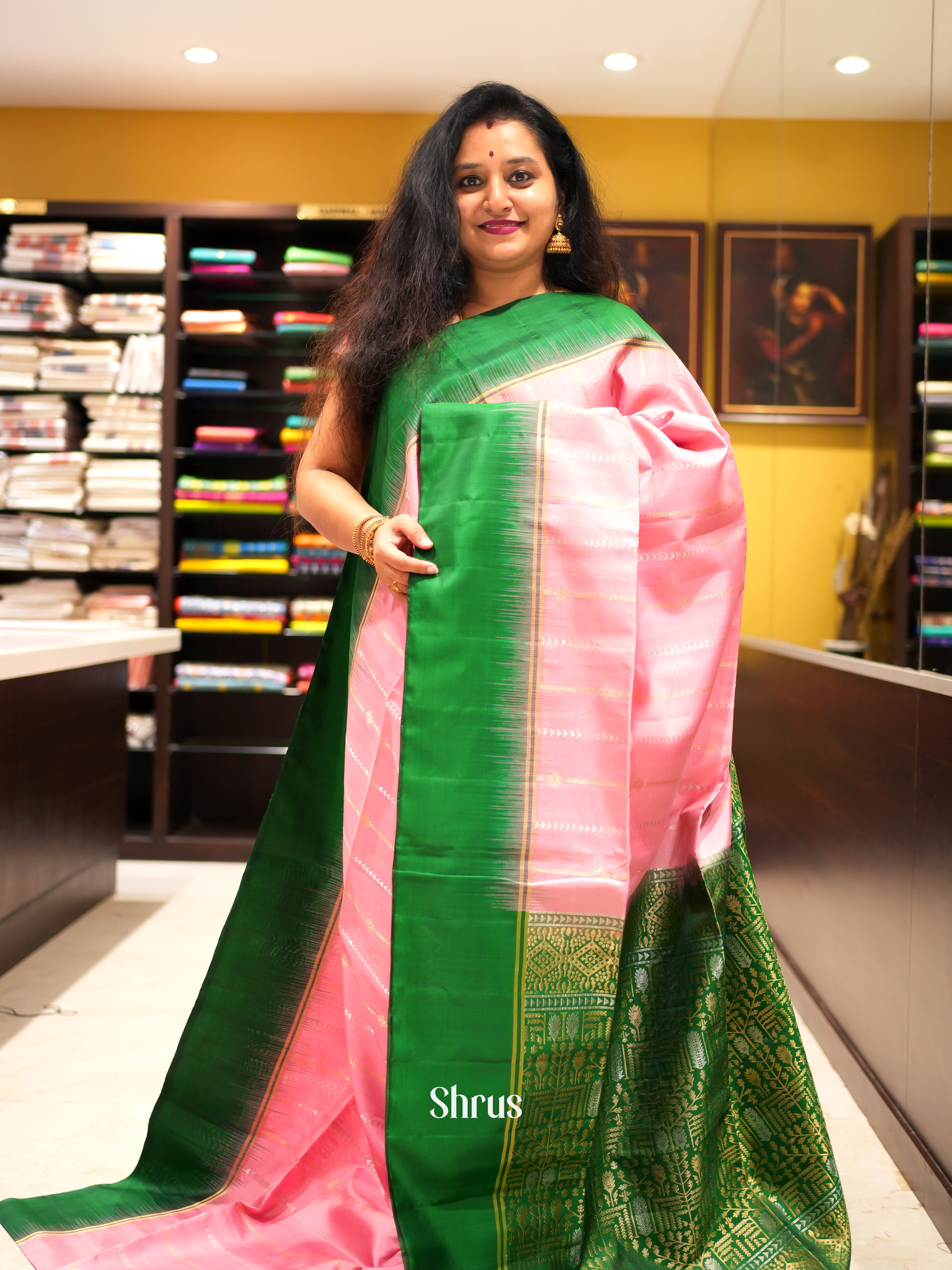 Pink & Green - Soft Silk Saree - Shop on ShrusEternity.com