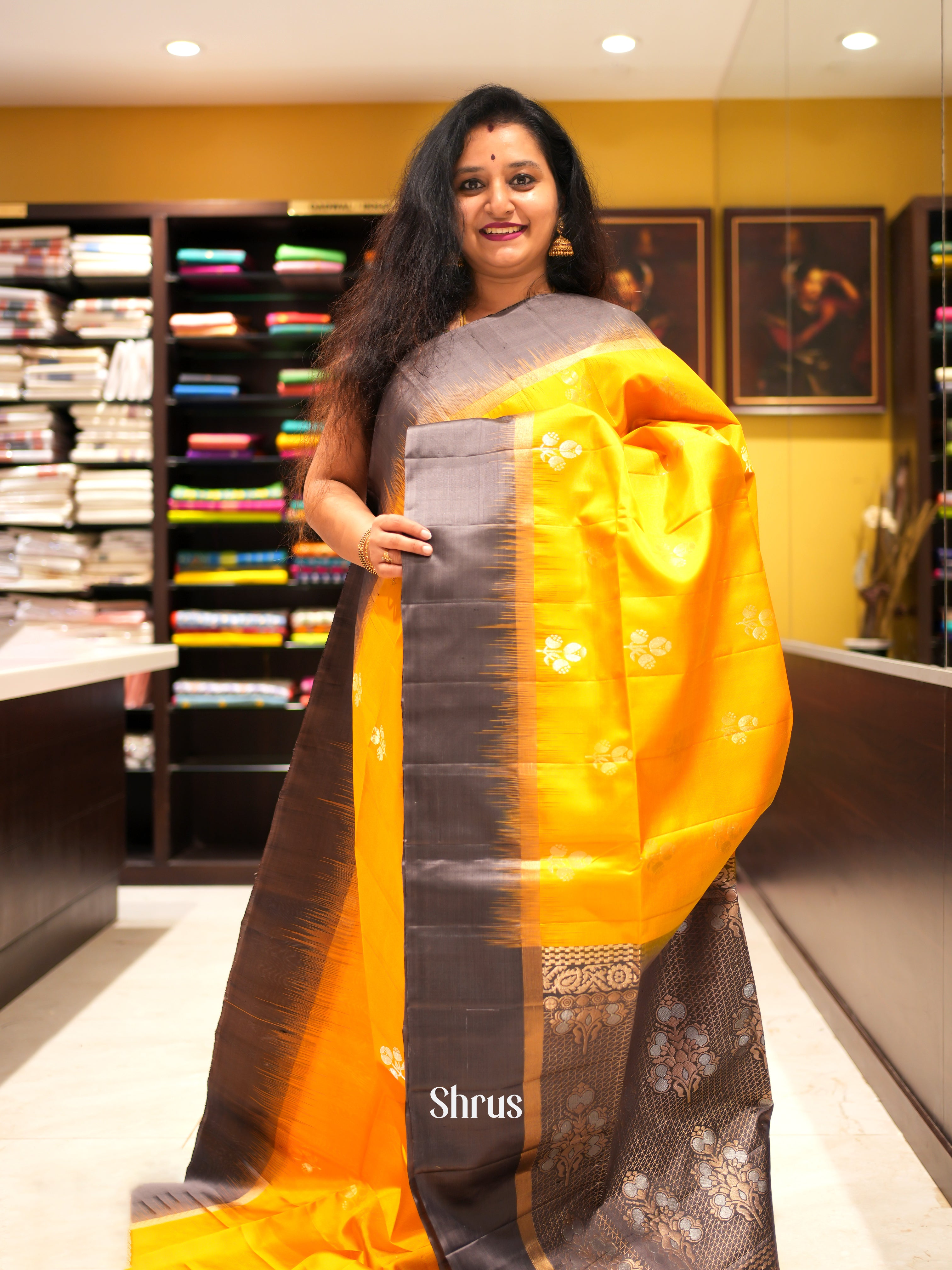 Yellow & Grey - Soft Silk Saree - Shop on ShrusEternity.com
