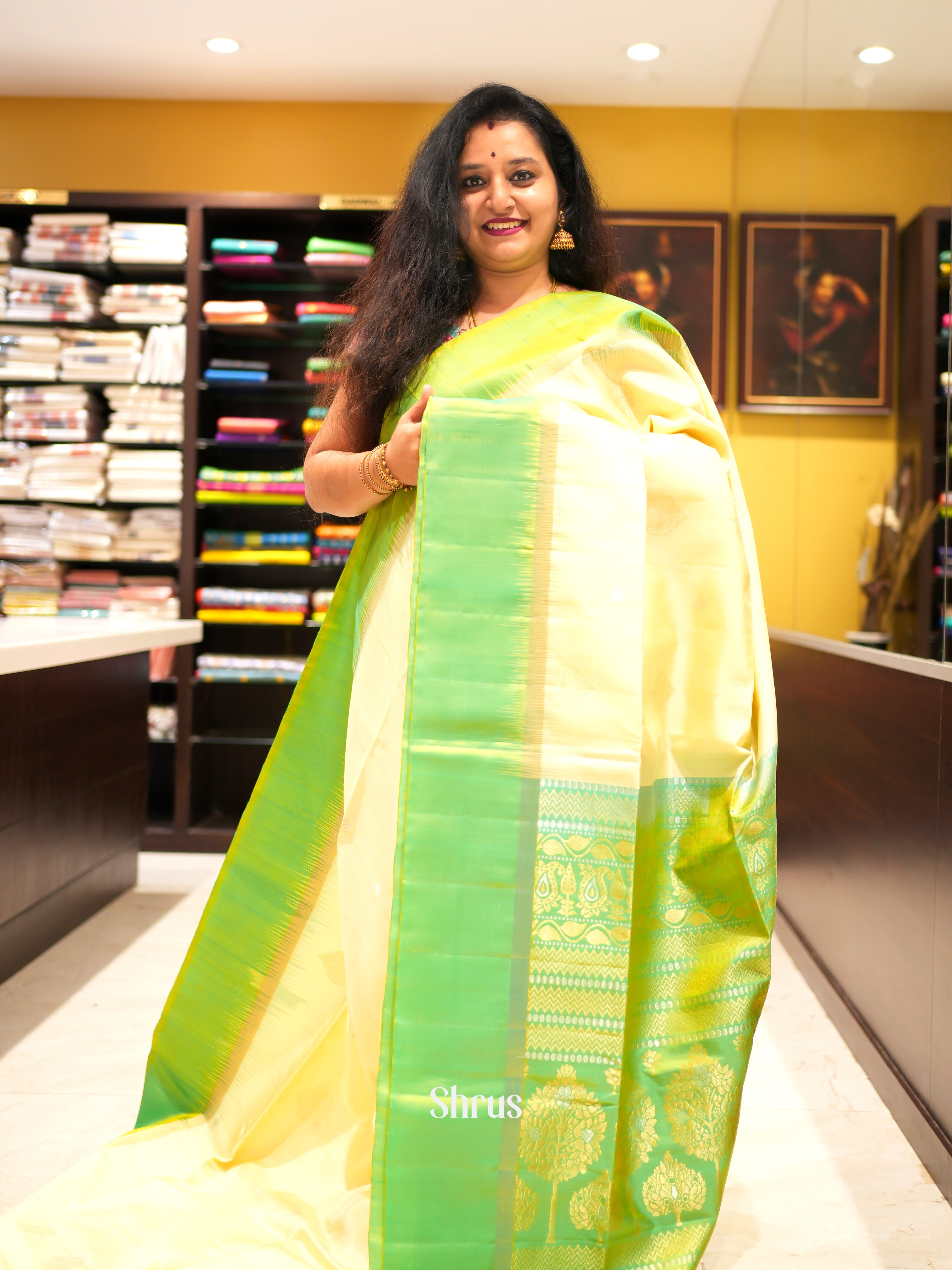 Cream & Green - Soft Silk Saree - Shop on ShrusEternity.com