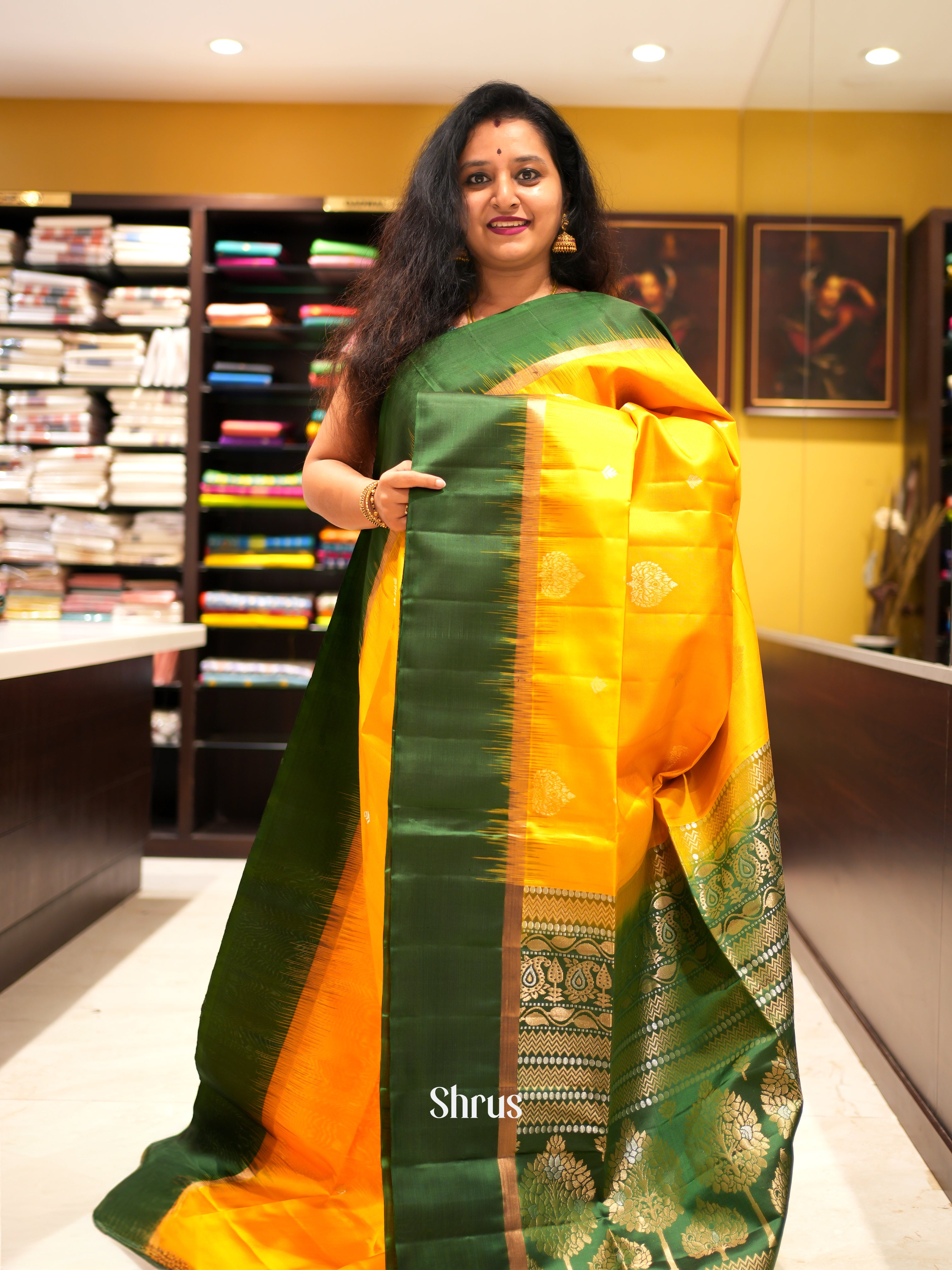 Yellow & Green - Soft Silk Saree - Shop on ShrusEternity.com