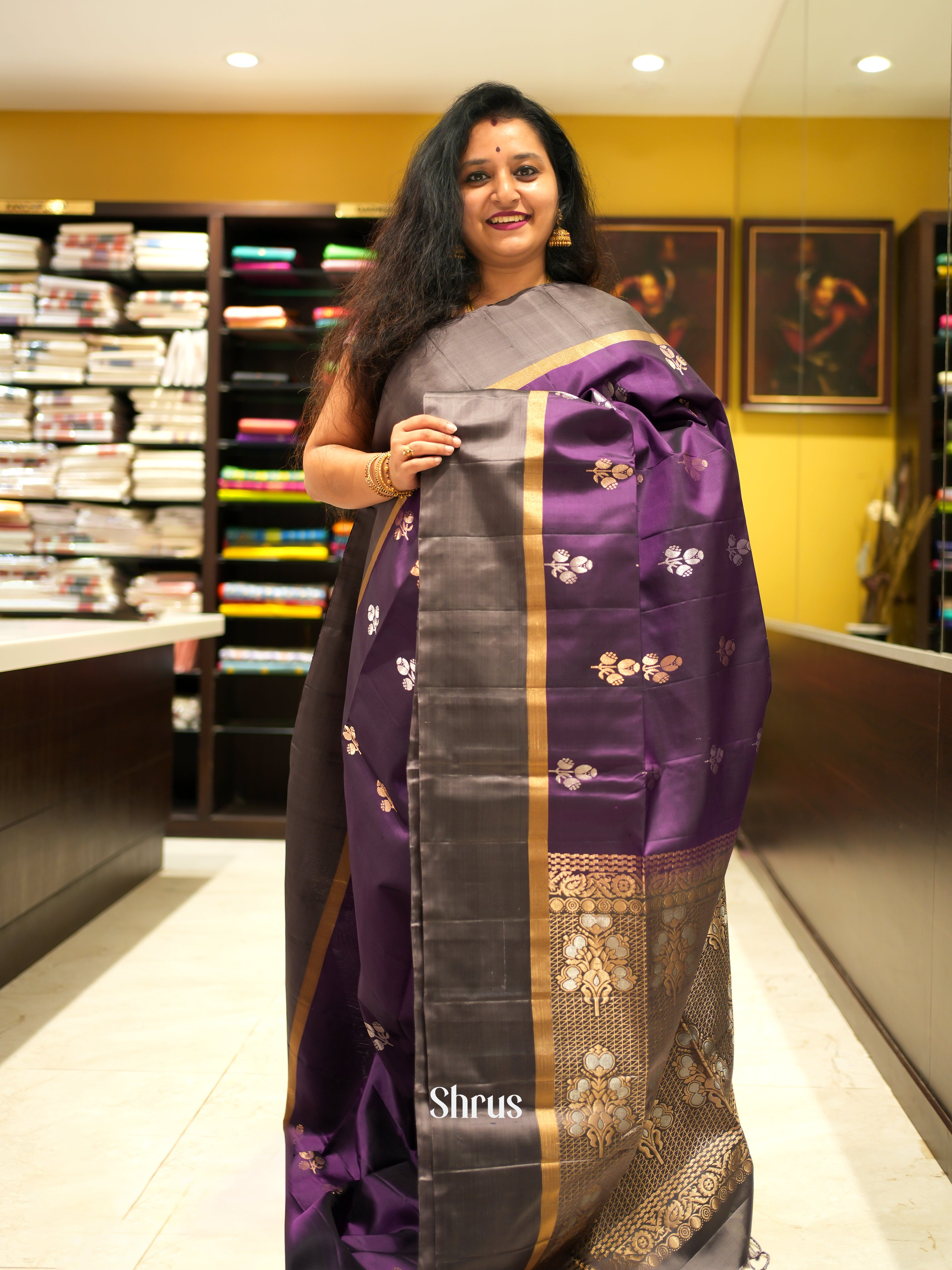 Purple & Grey - Soft Silk Saree - Shop on ShrusEternity.com