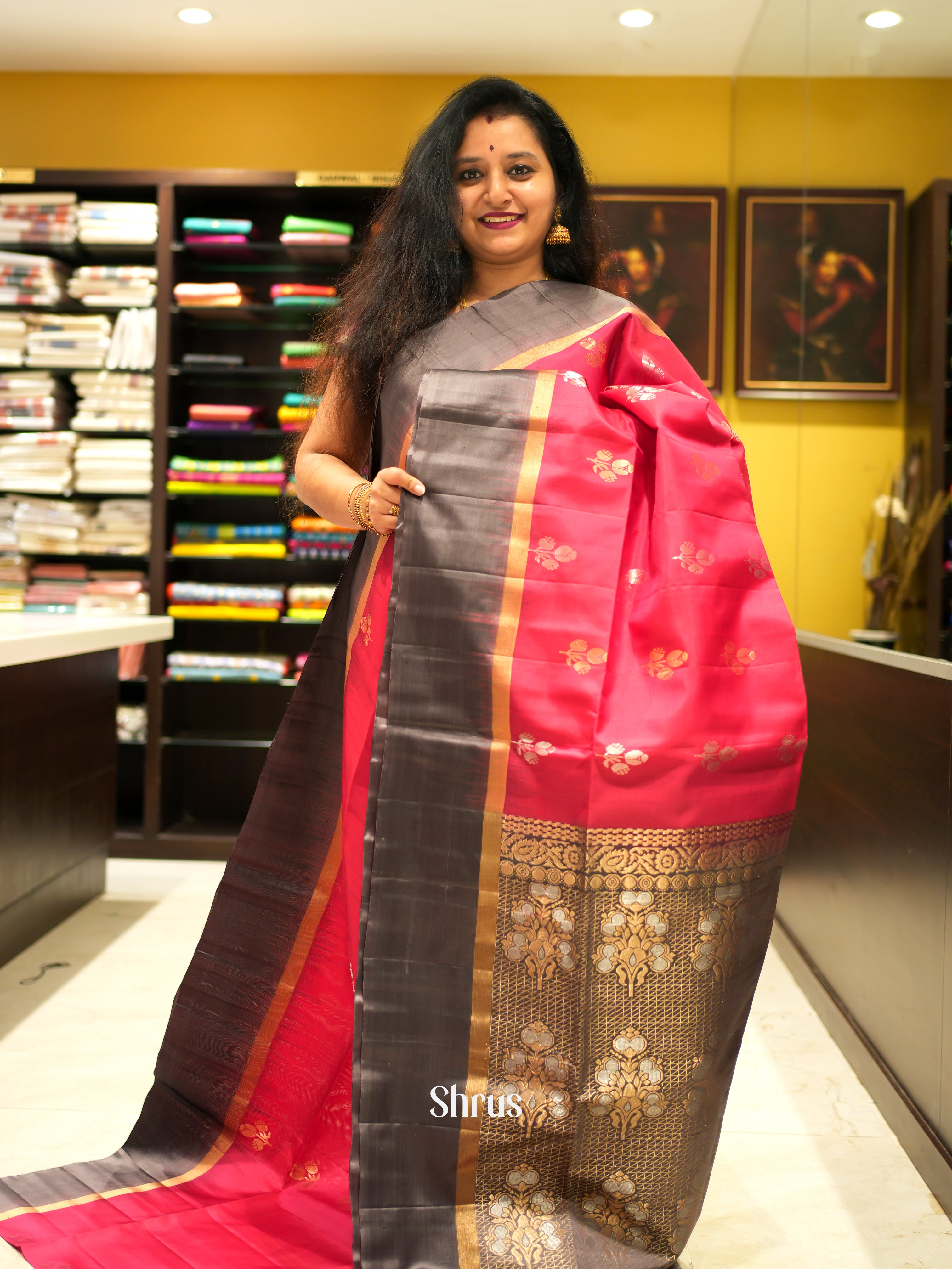Red & Grey - Soft Silk Saree - Shop on ShrusEternity.com