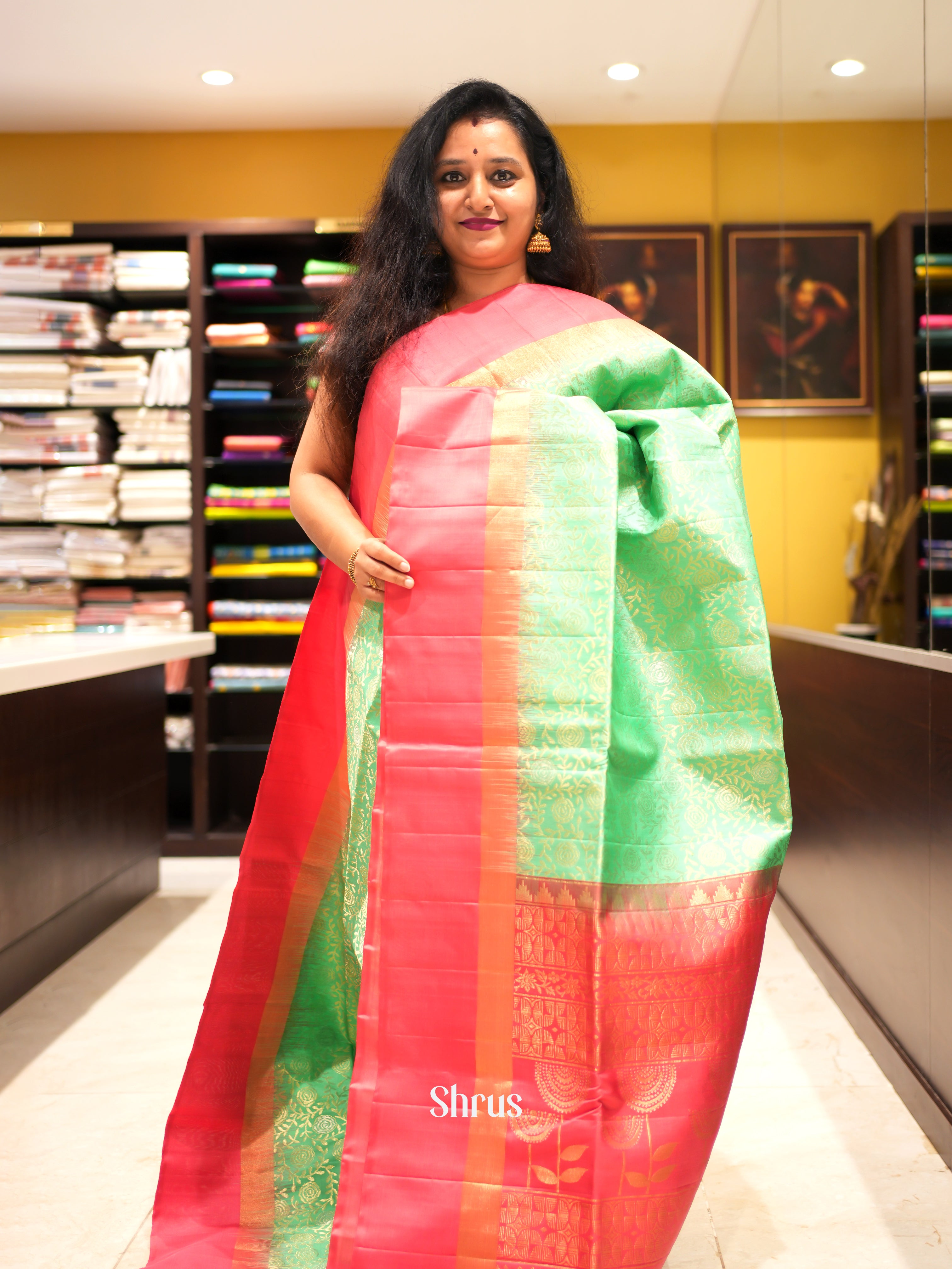 Pista Green & Reddish Pink - Soft Silk Saree-1