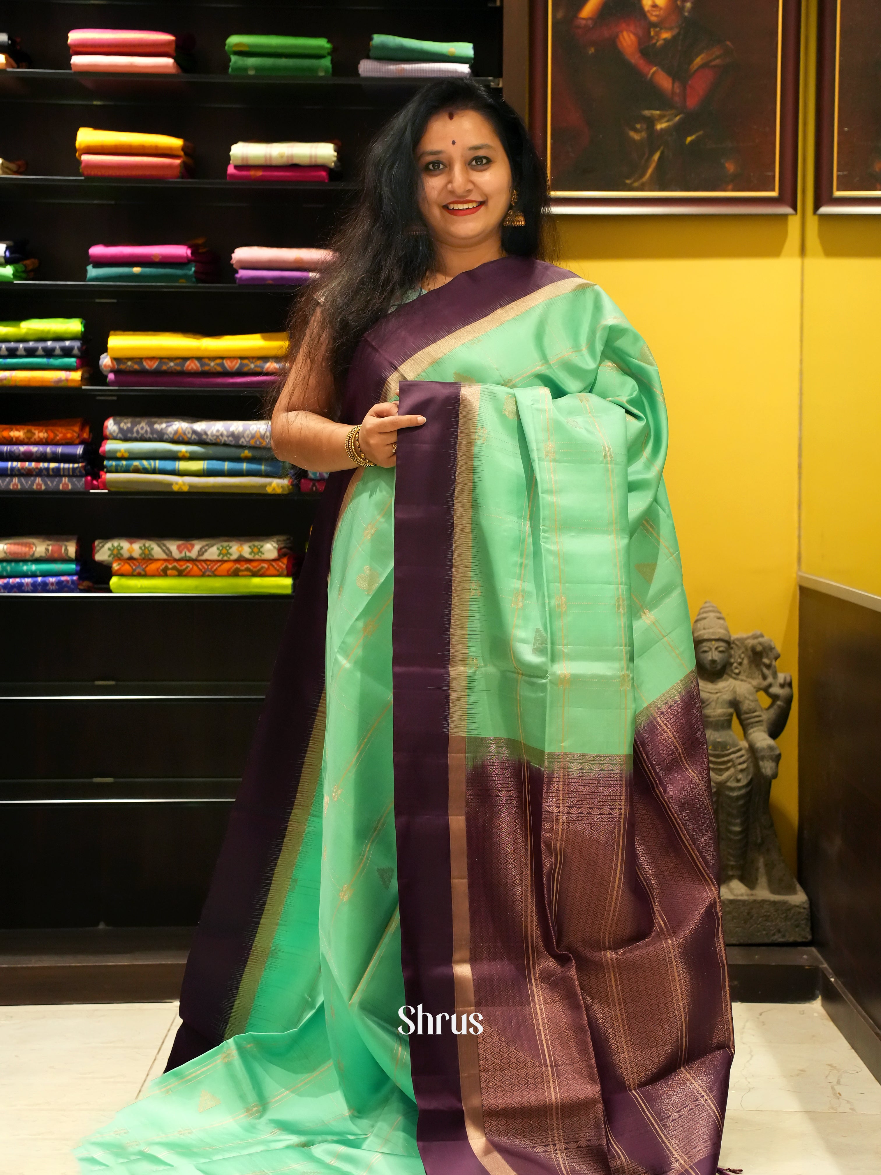 Pista Green & Brown - Soft Silk Saree - Shop on ShrusEternity.com