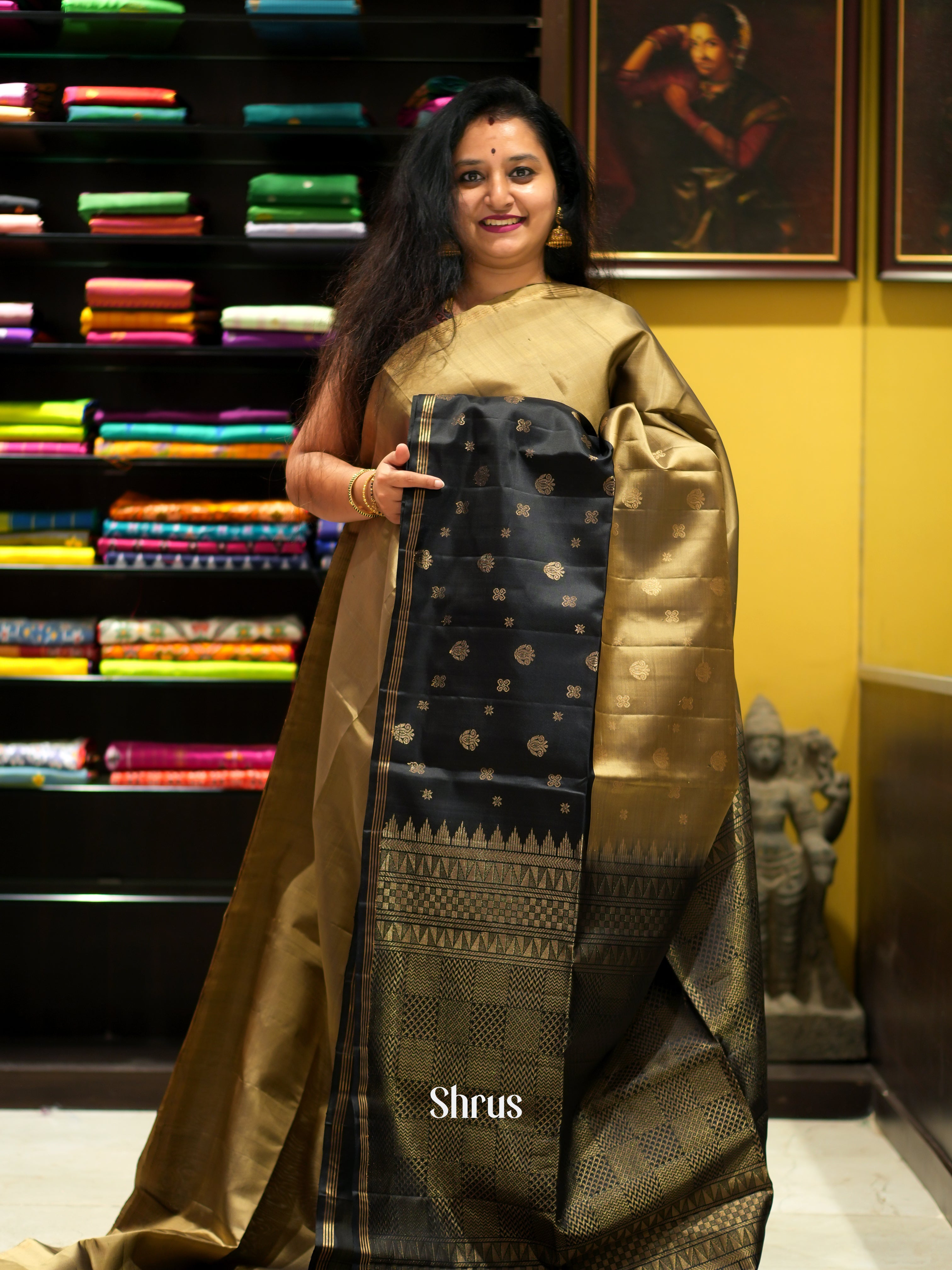Gold & Black- Soft Silk Saree - Shop on ShrusEternity.com