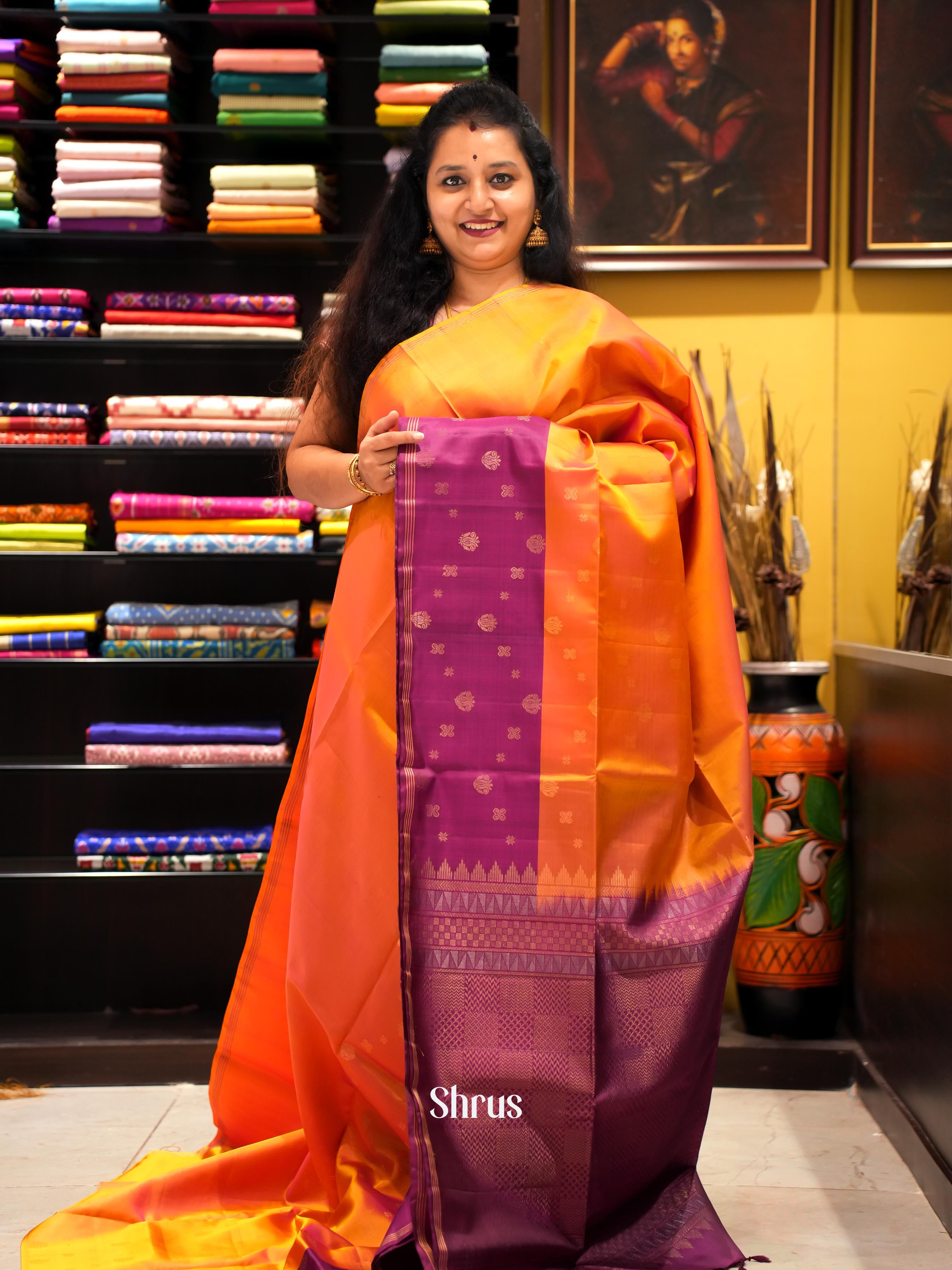 Orange & Purple - Soft Silk Saree - Shop on ShrusEternity.com