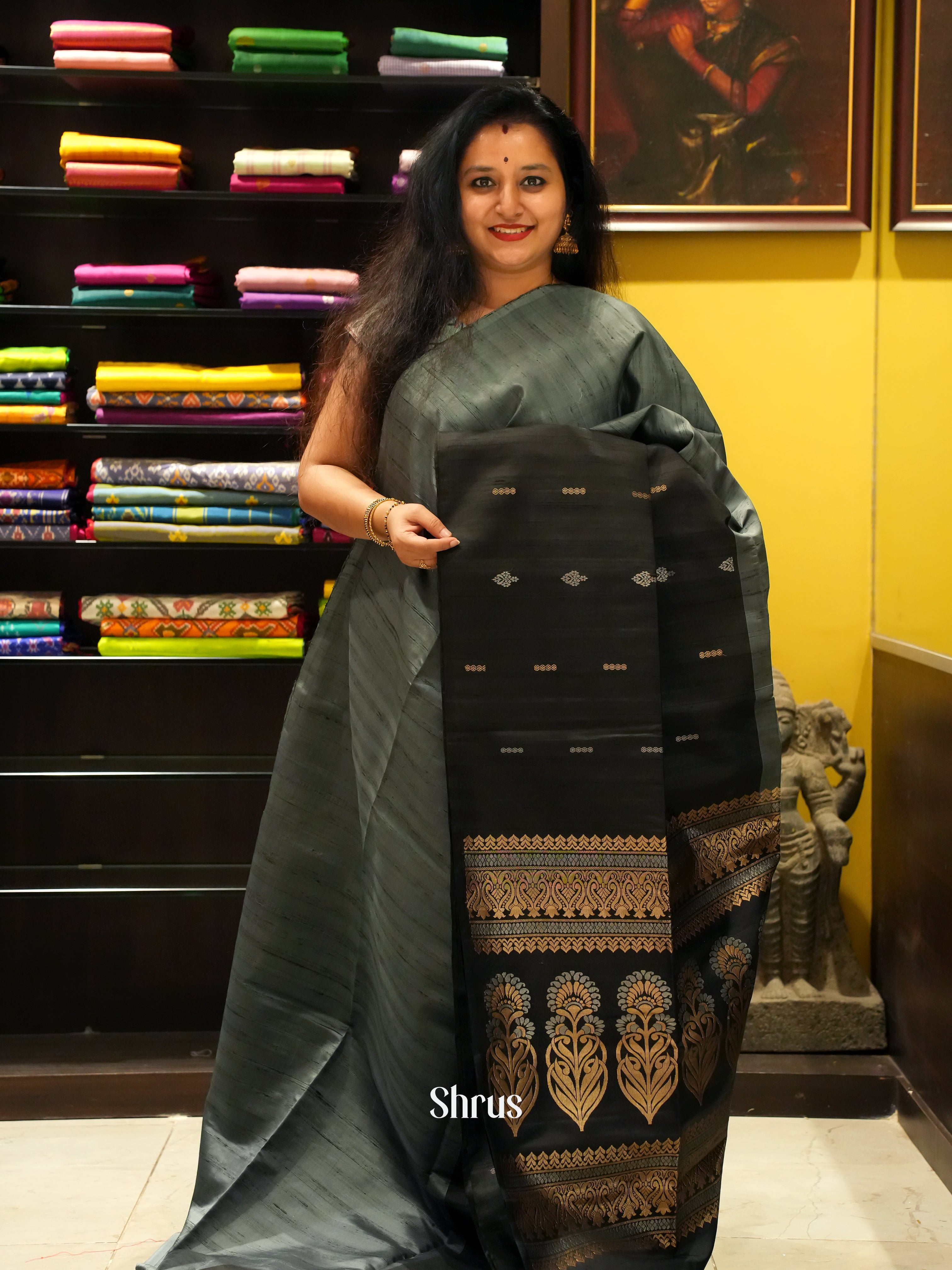 Grey & Black - Soft Silk Saree - Shop on ShrusEternity.com