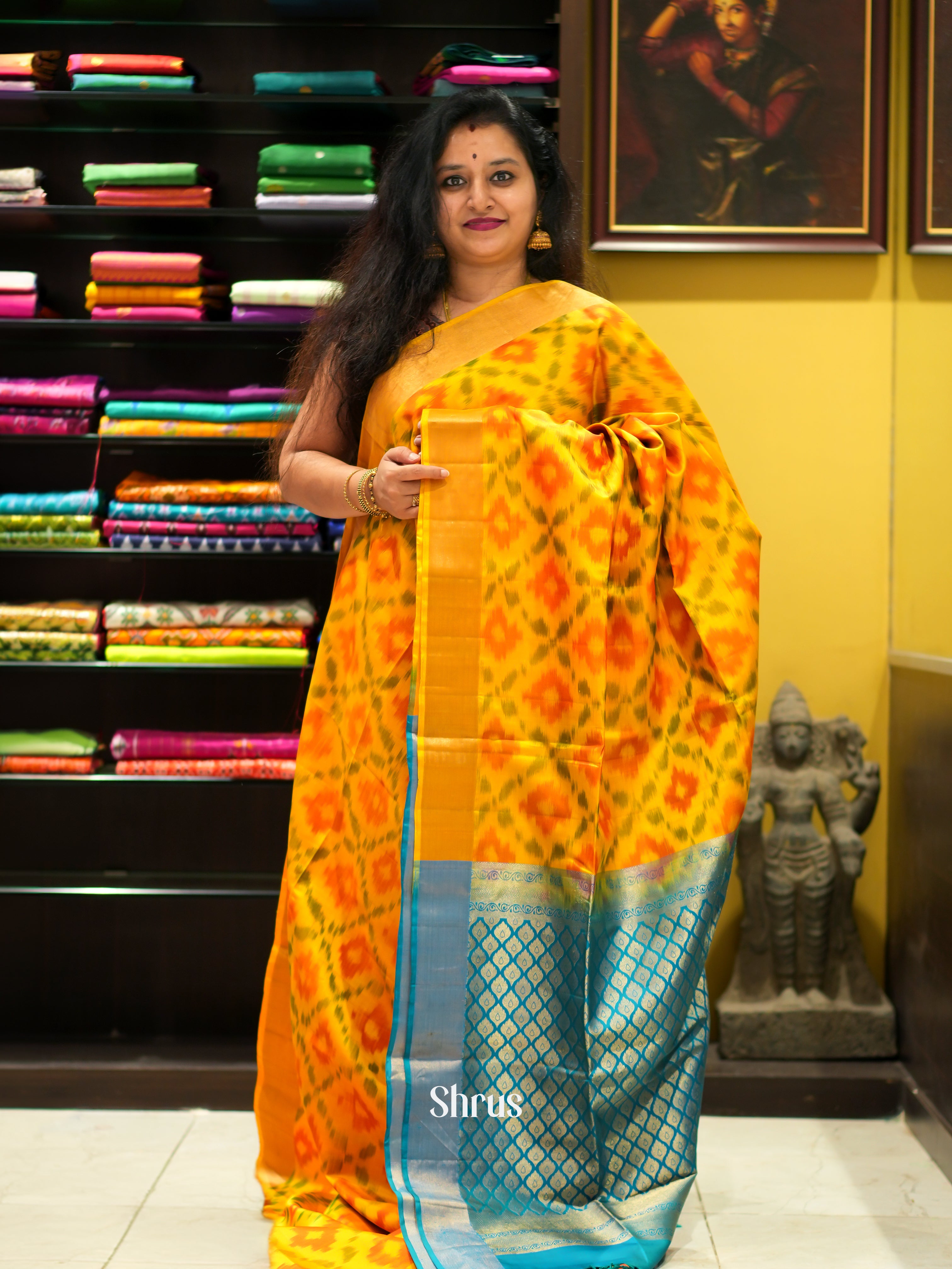 Yellow & Blue - Soft Silk Saree - Shop on ShrusEternity.com