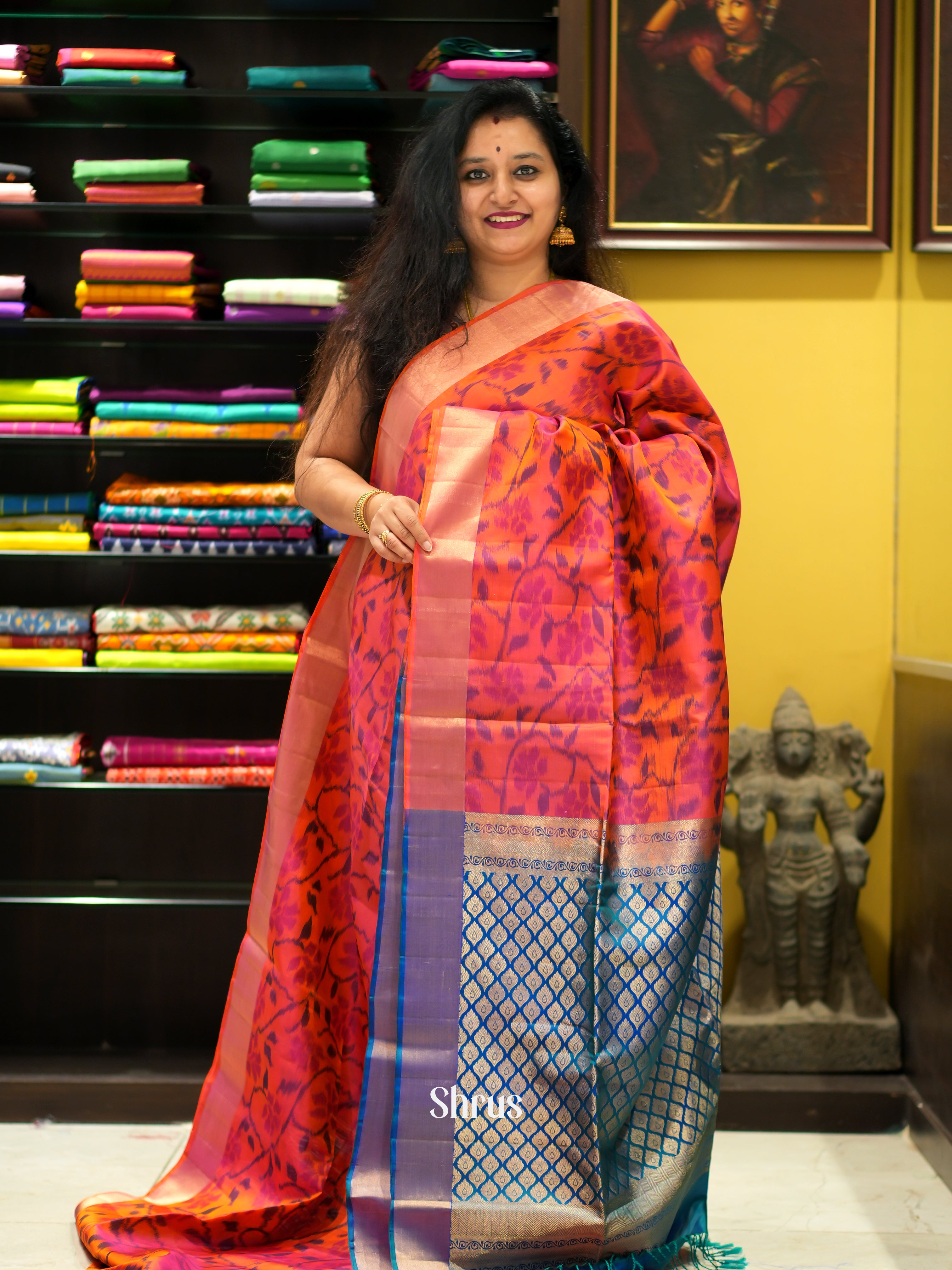 Orange & Blue - Soft Silk Saree - Shop on ShrusEternity.com