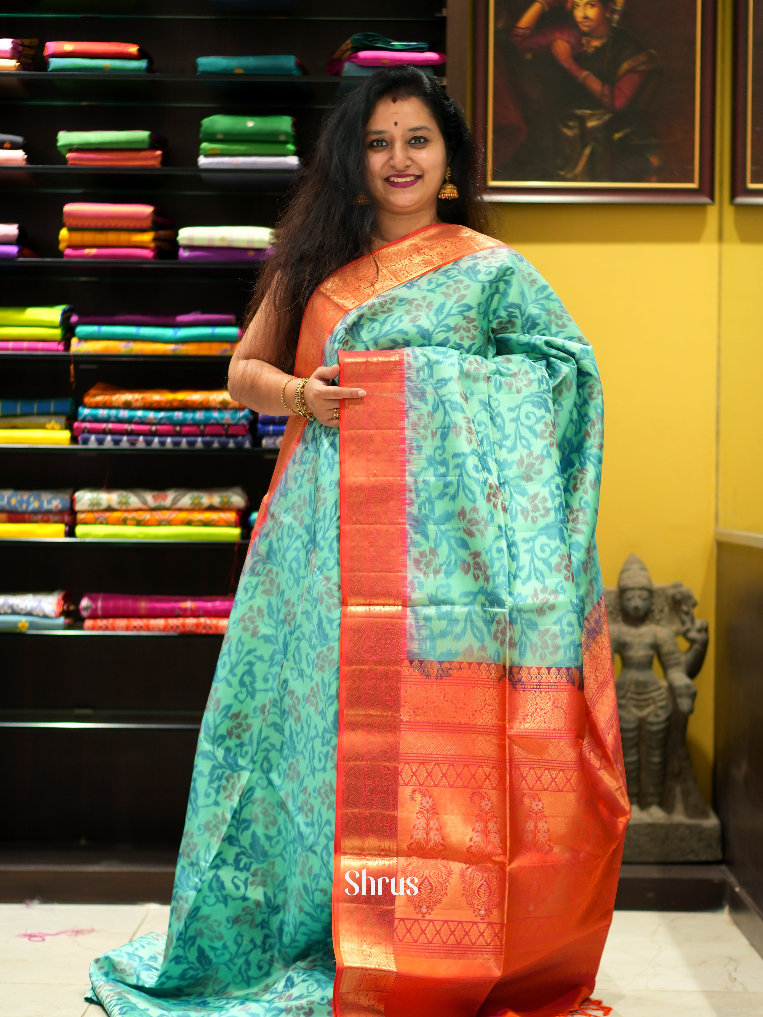 Teal Green & Orange - Soft Silk Saree - Shop on ShrusEternity.com