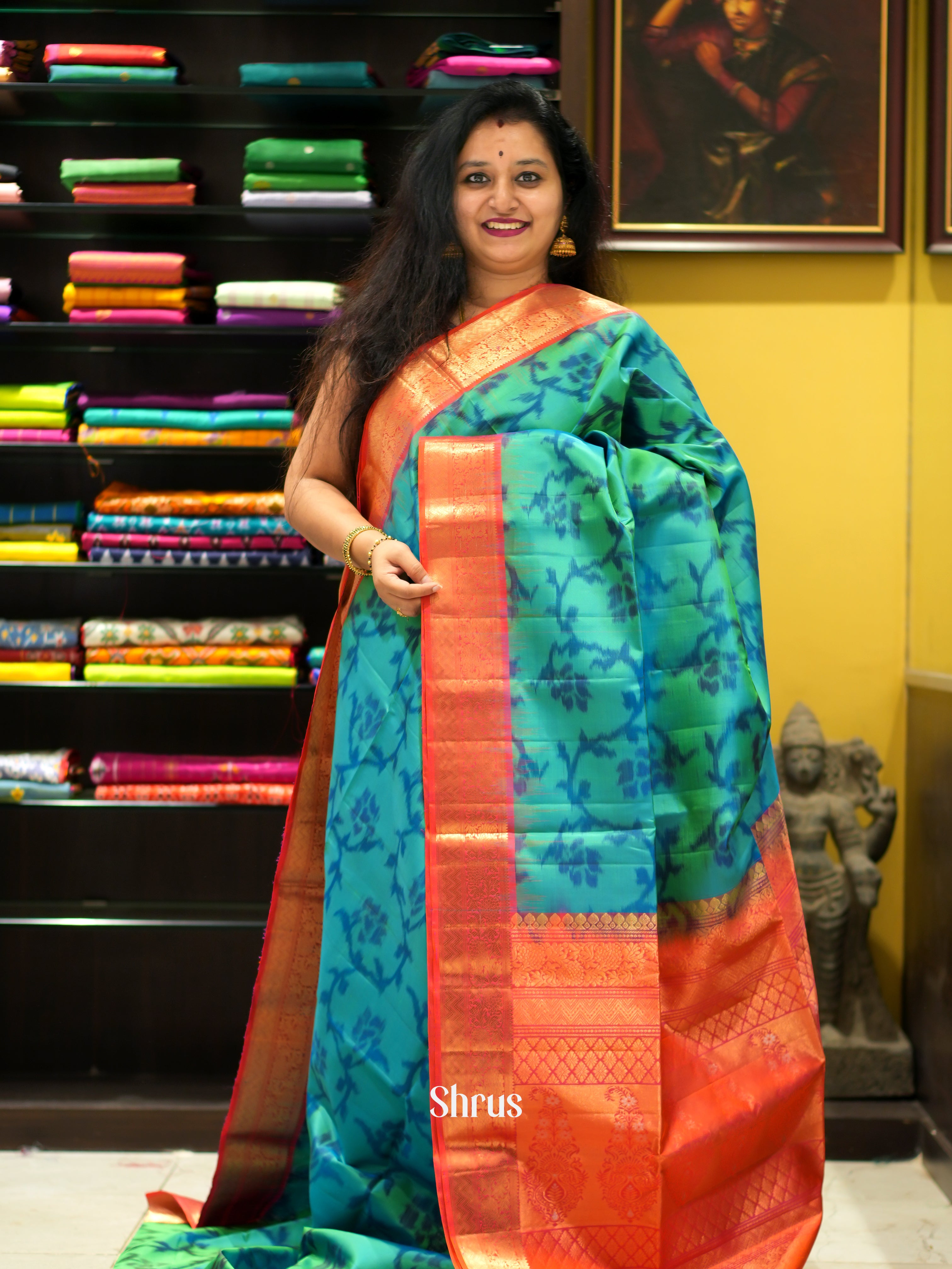 Green & Red - Soft Silk Saree - Shop on ShrusEternity.com