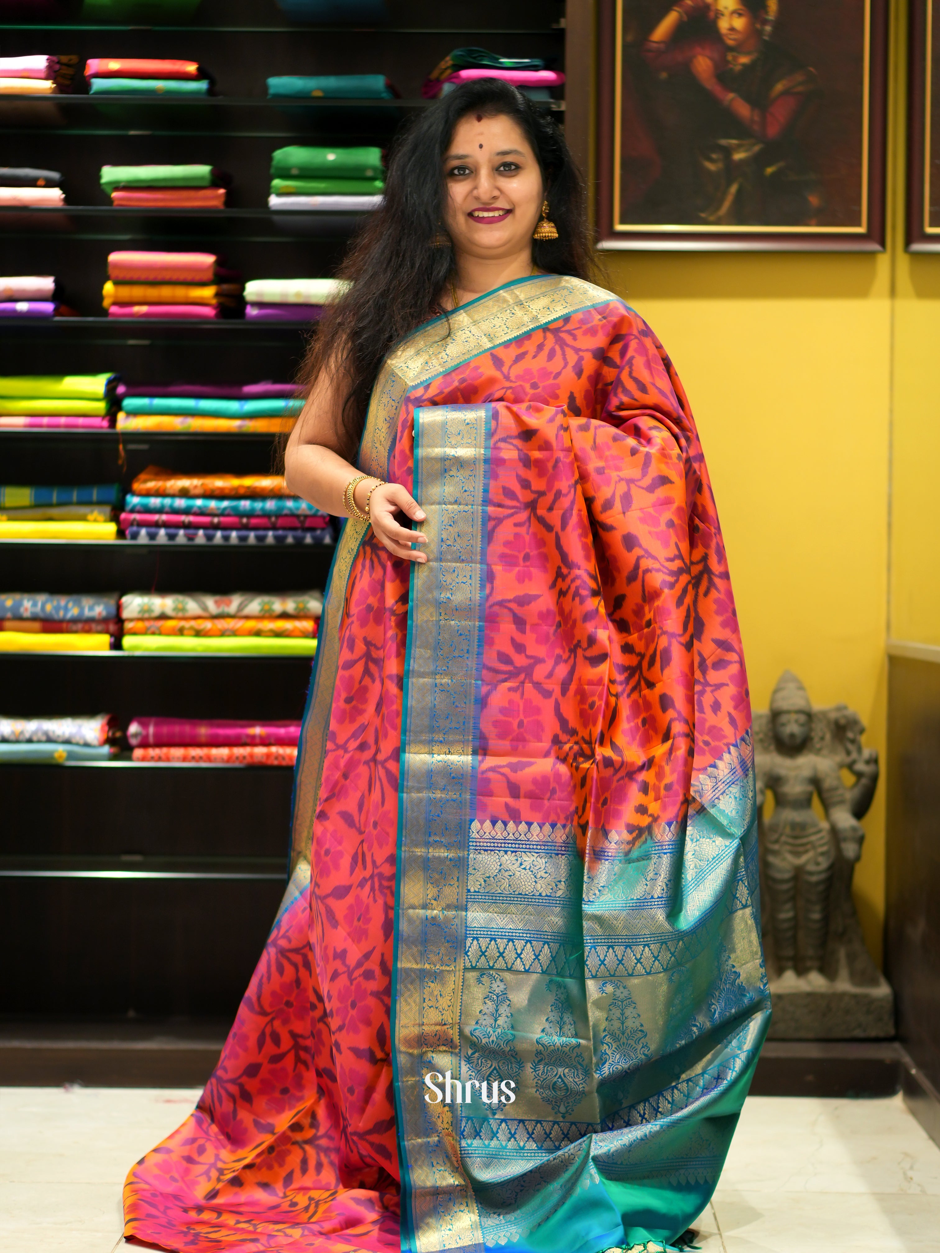 Orange & Peacock Blue - Soft Silk Saree - Shop on ShrusEternity.com