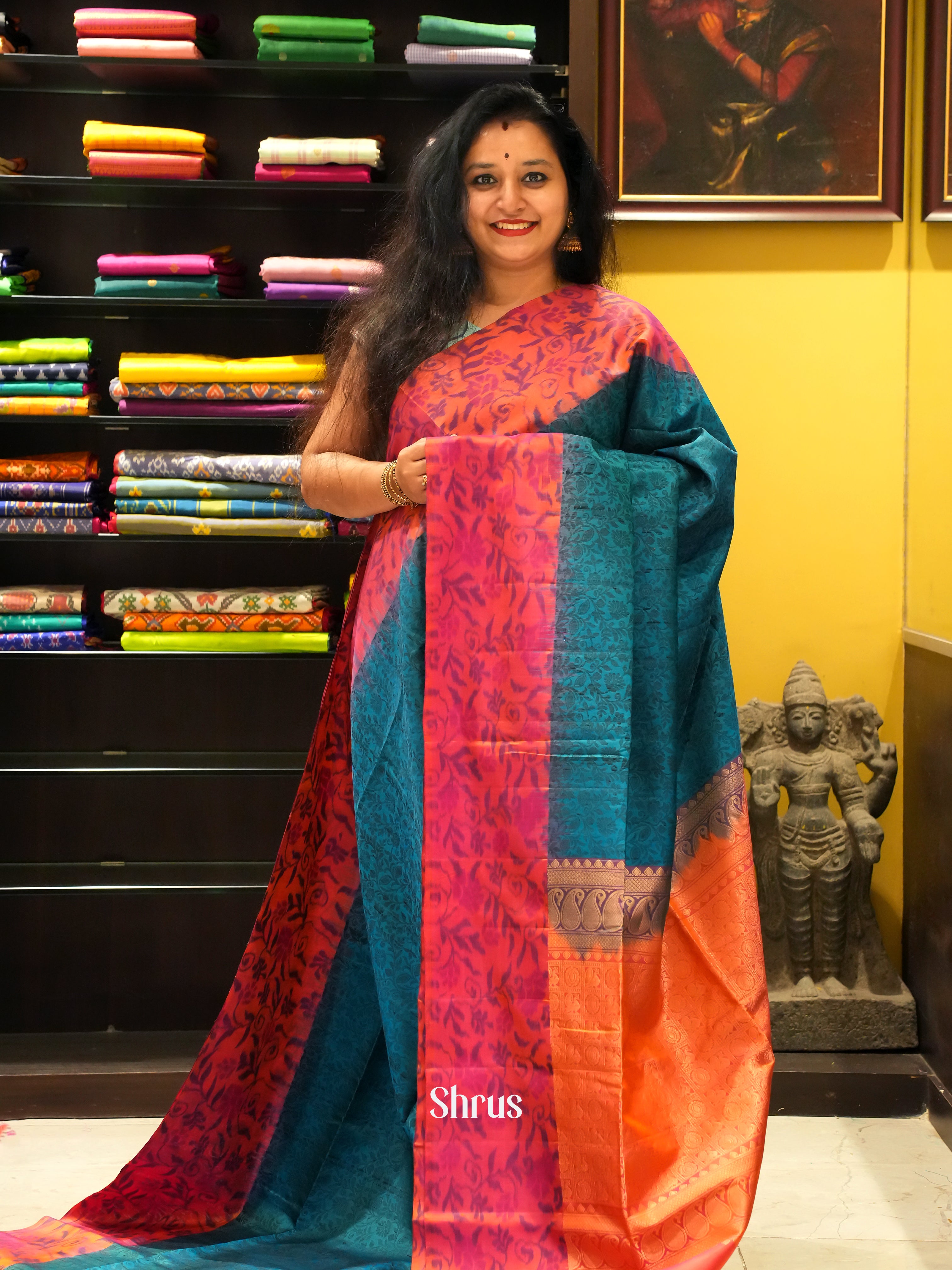 Blue & Orange - Soft Silk Saree - Shop on ShrusEternity.com