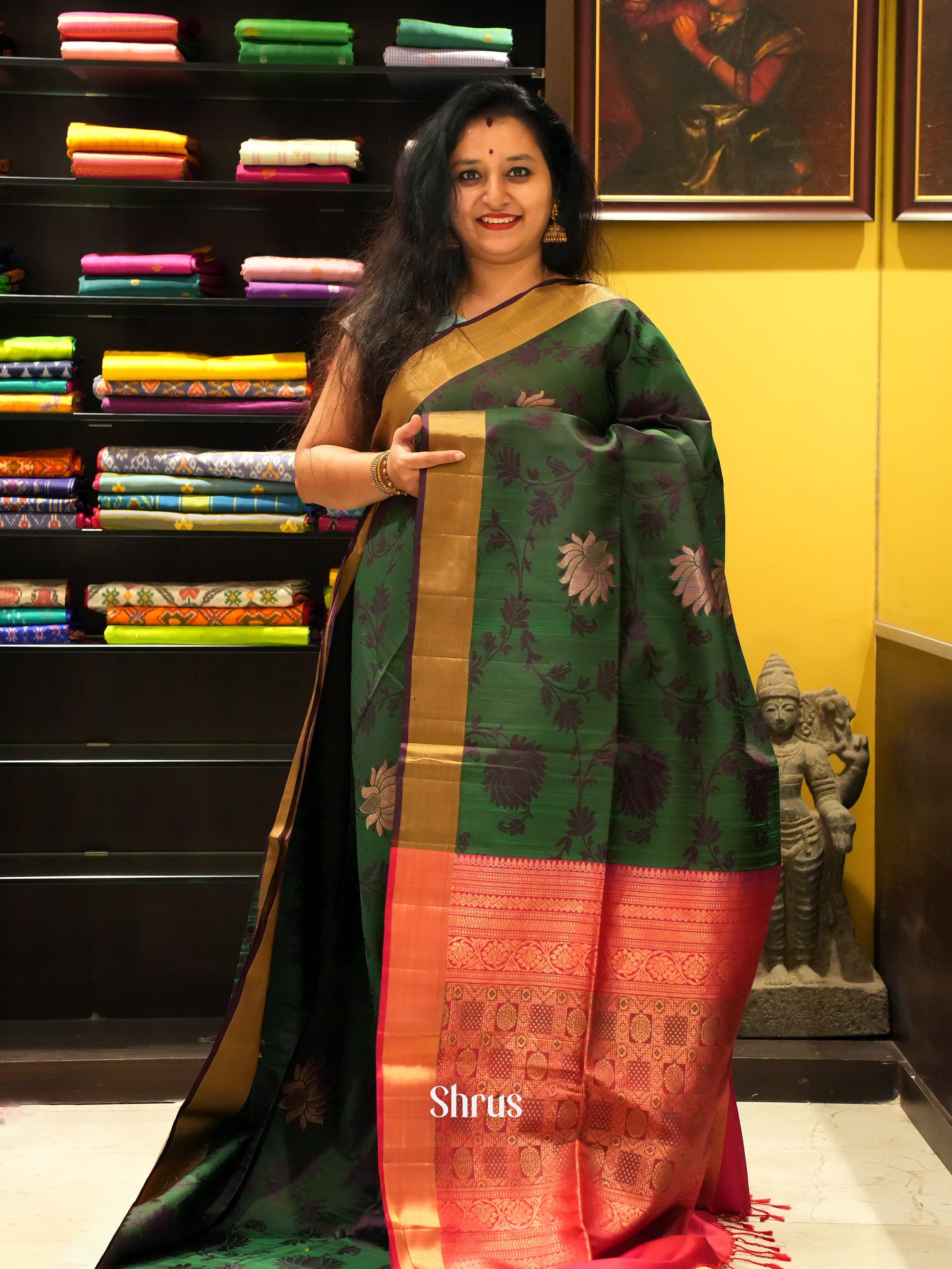 Green & Red - Soft Silk Saree - Shop on ShrusEternity.com