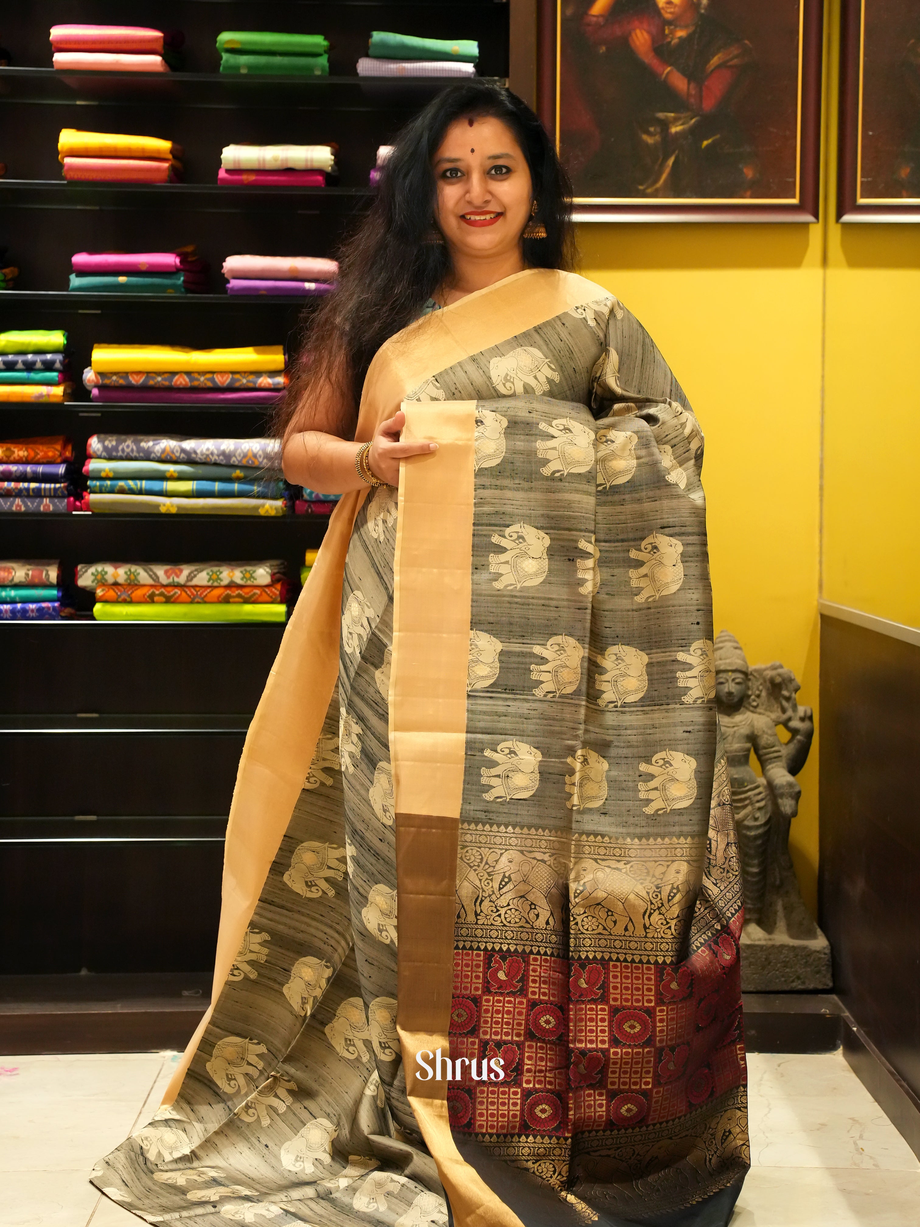 Grey & Black - Soft Silk Saree - Shop on ShrusEternity.com