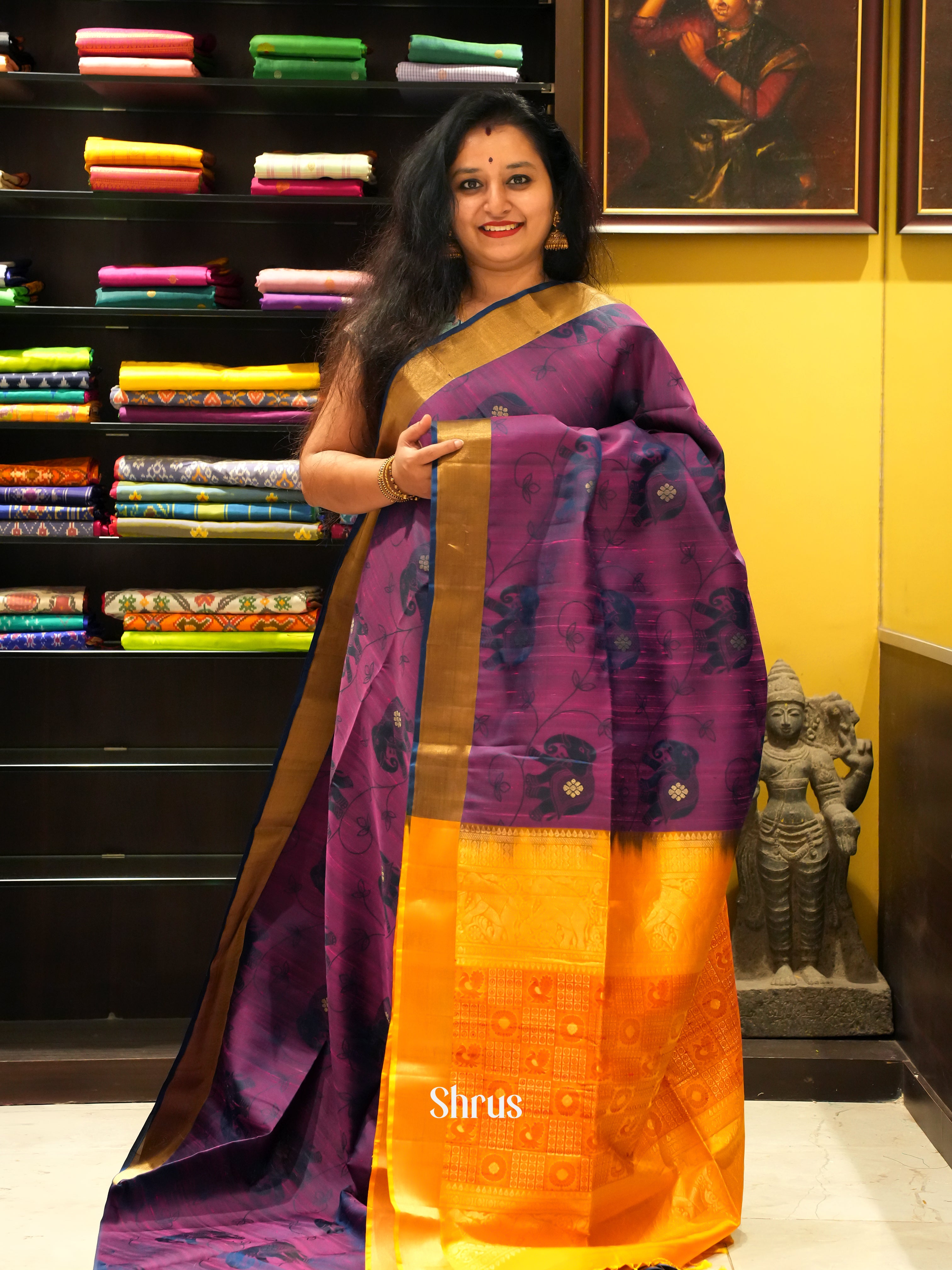 Purple & Mustard - Soft Silk Saree - Shop on ShrusEternity.com
