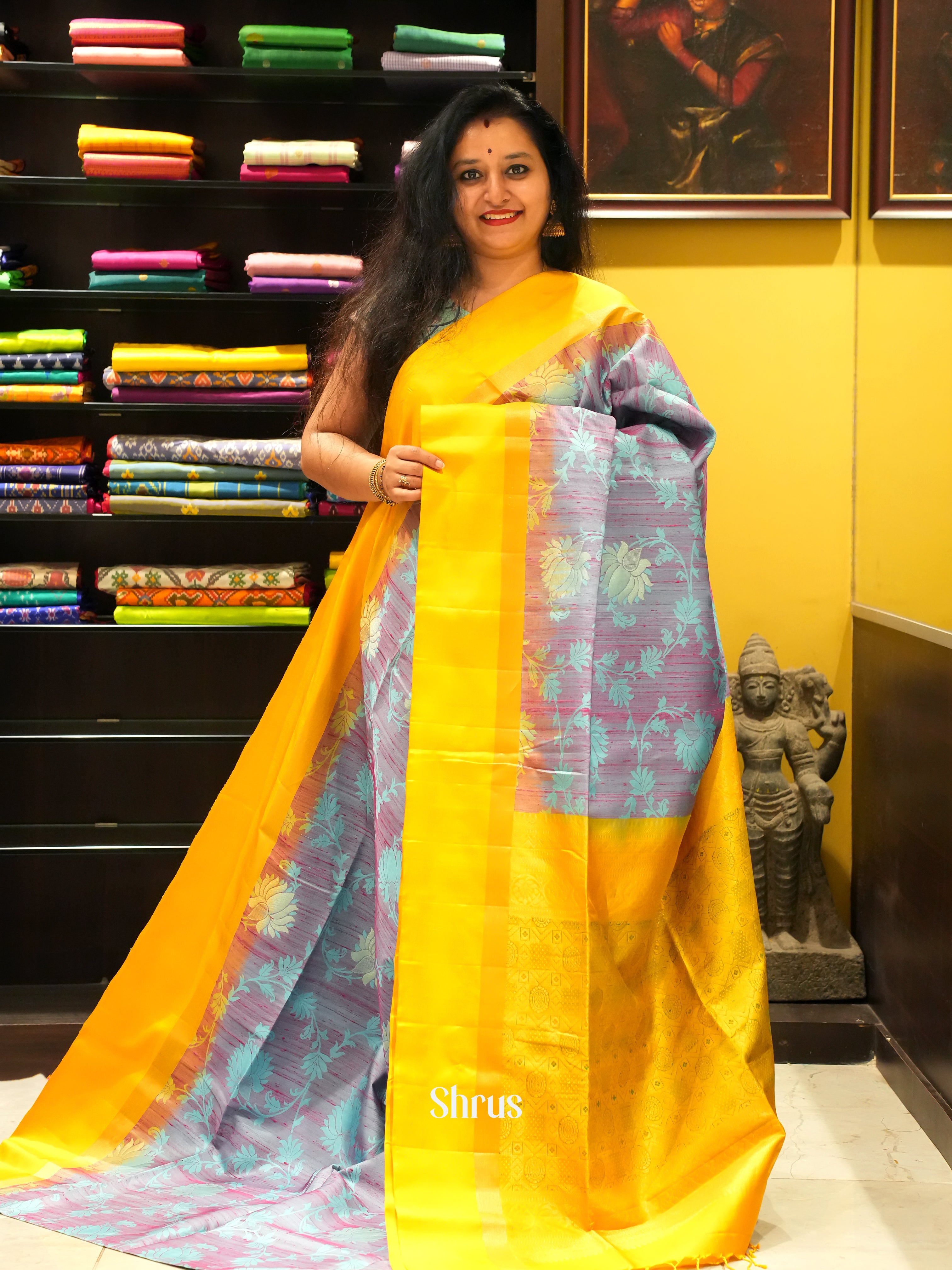 Blue & Yellow - Soft Silk Saree - Shop on ShrusEternity.com