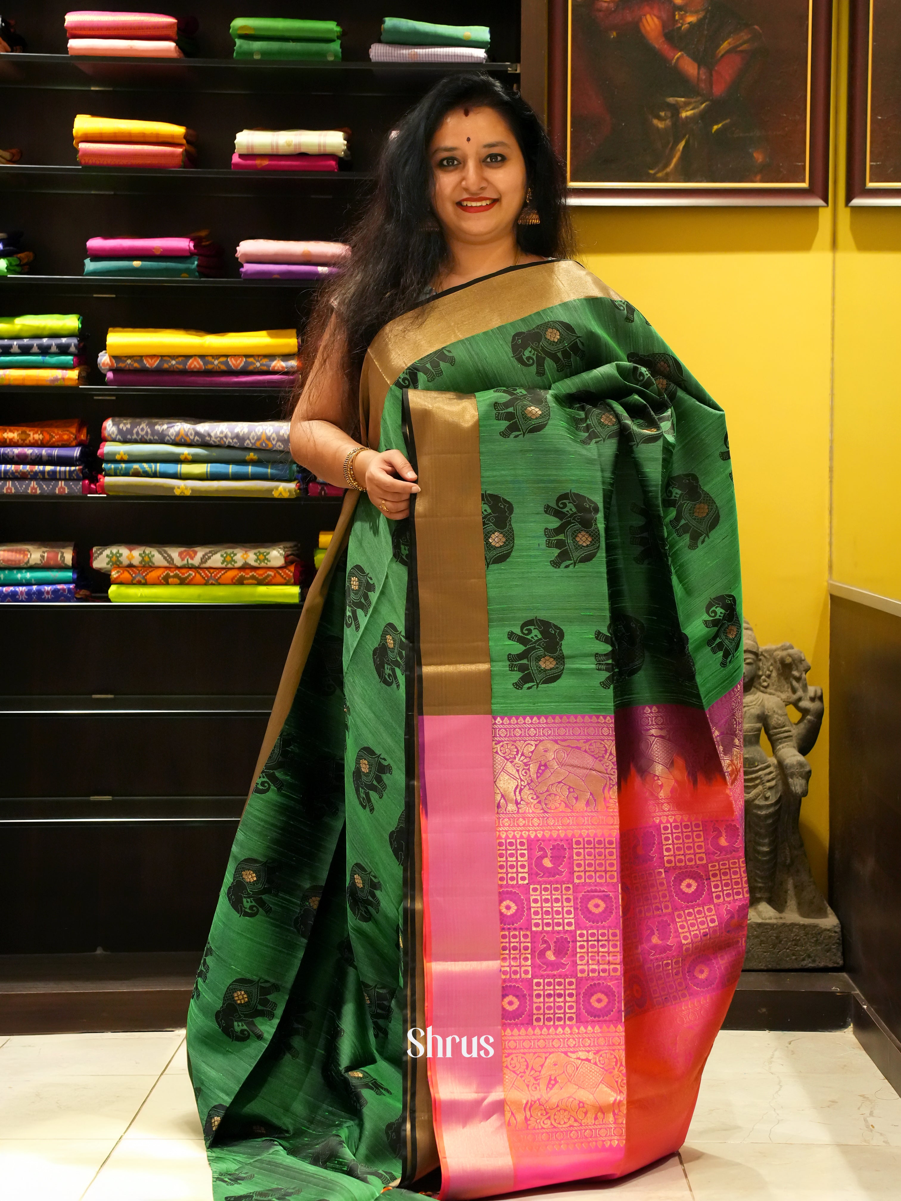 Green & Pink- Soft Silk Saree - Shop on ShrusEternity.com