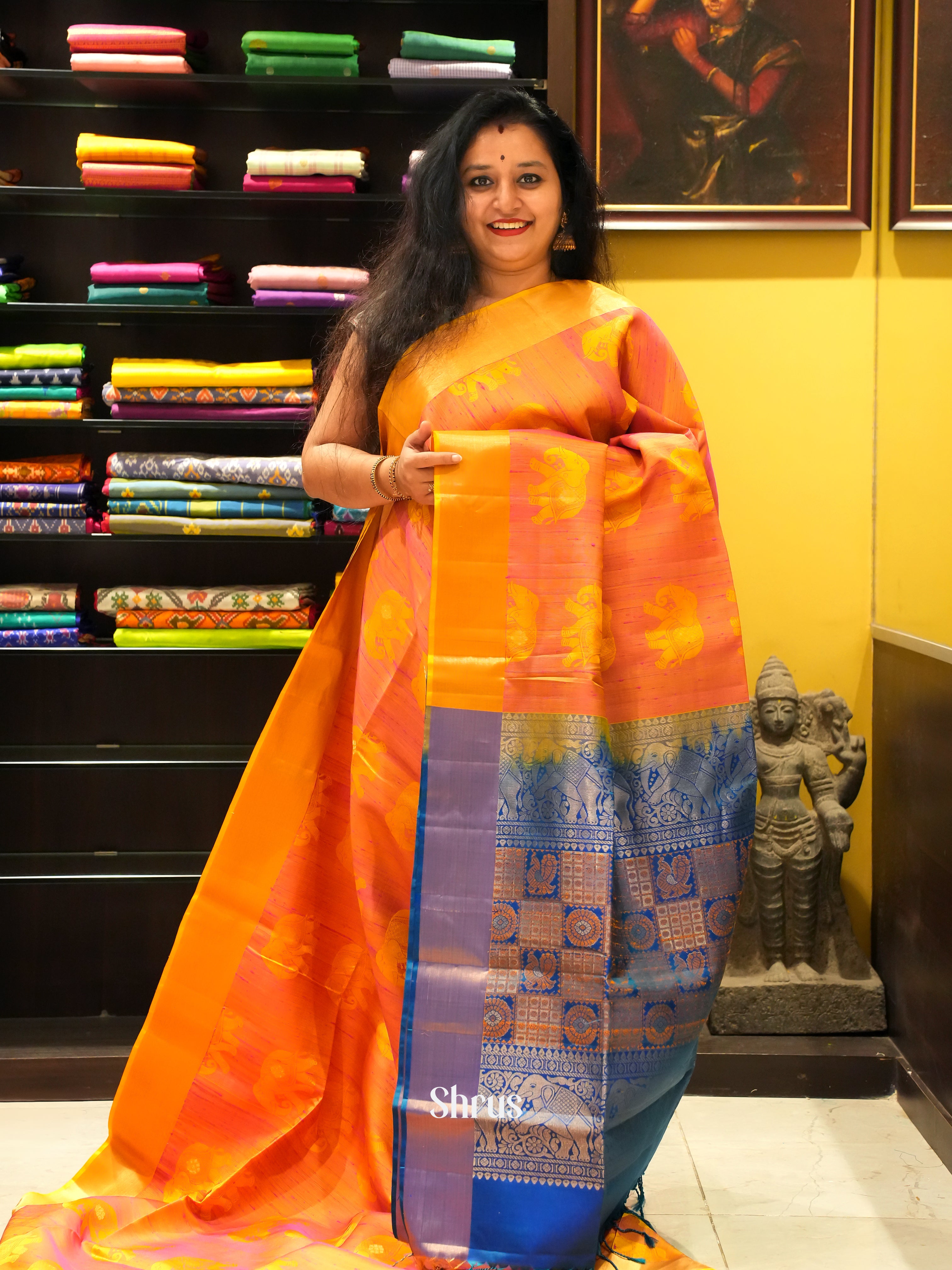 Orange & Blue - Soft Silk Saree - Shop on ShrusEternity.com
