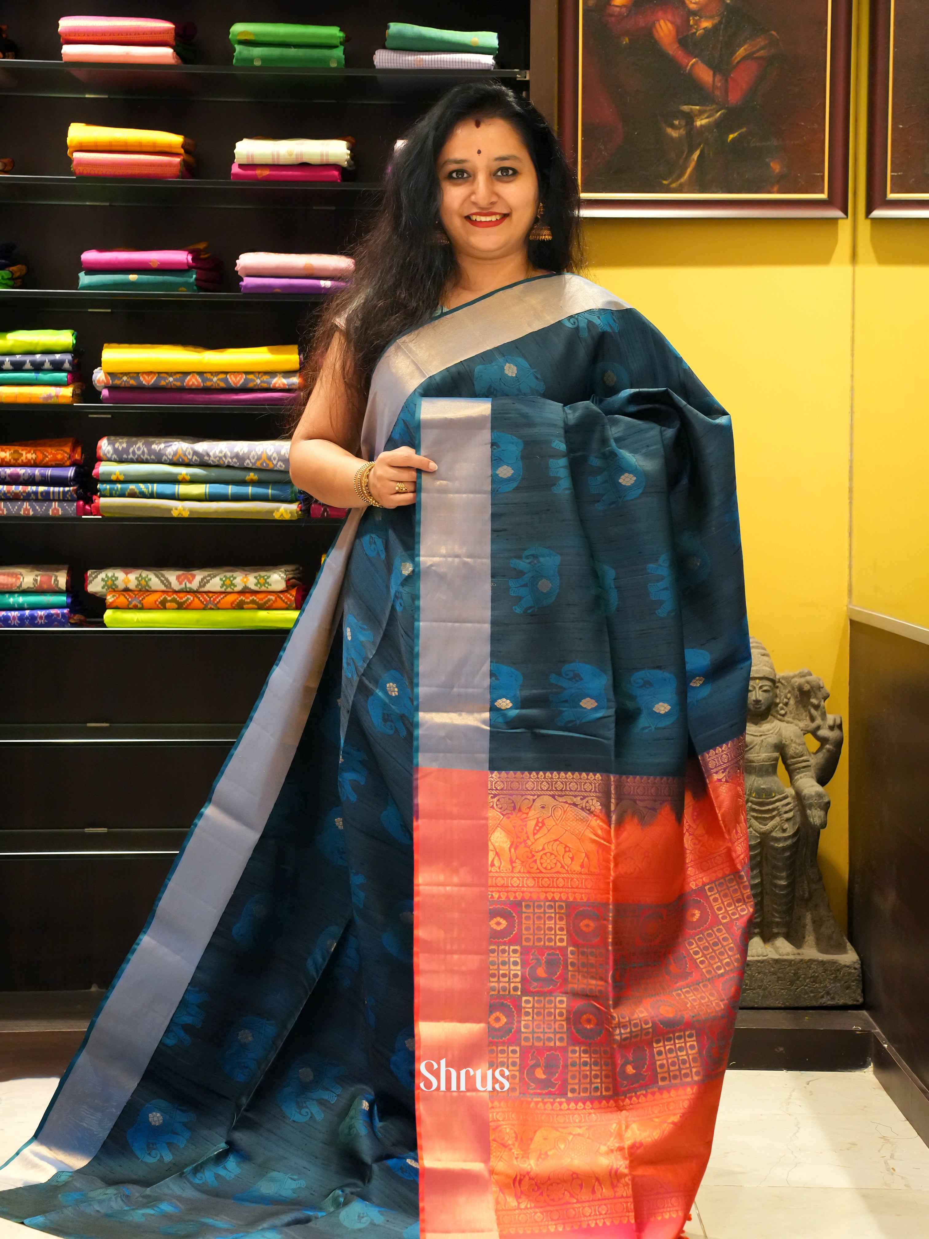 Blue & Red - Soft Silk Saree - Shop on ShrusEternity.com