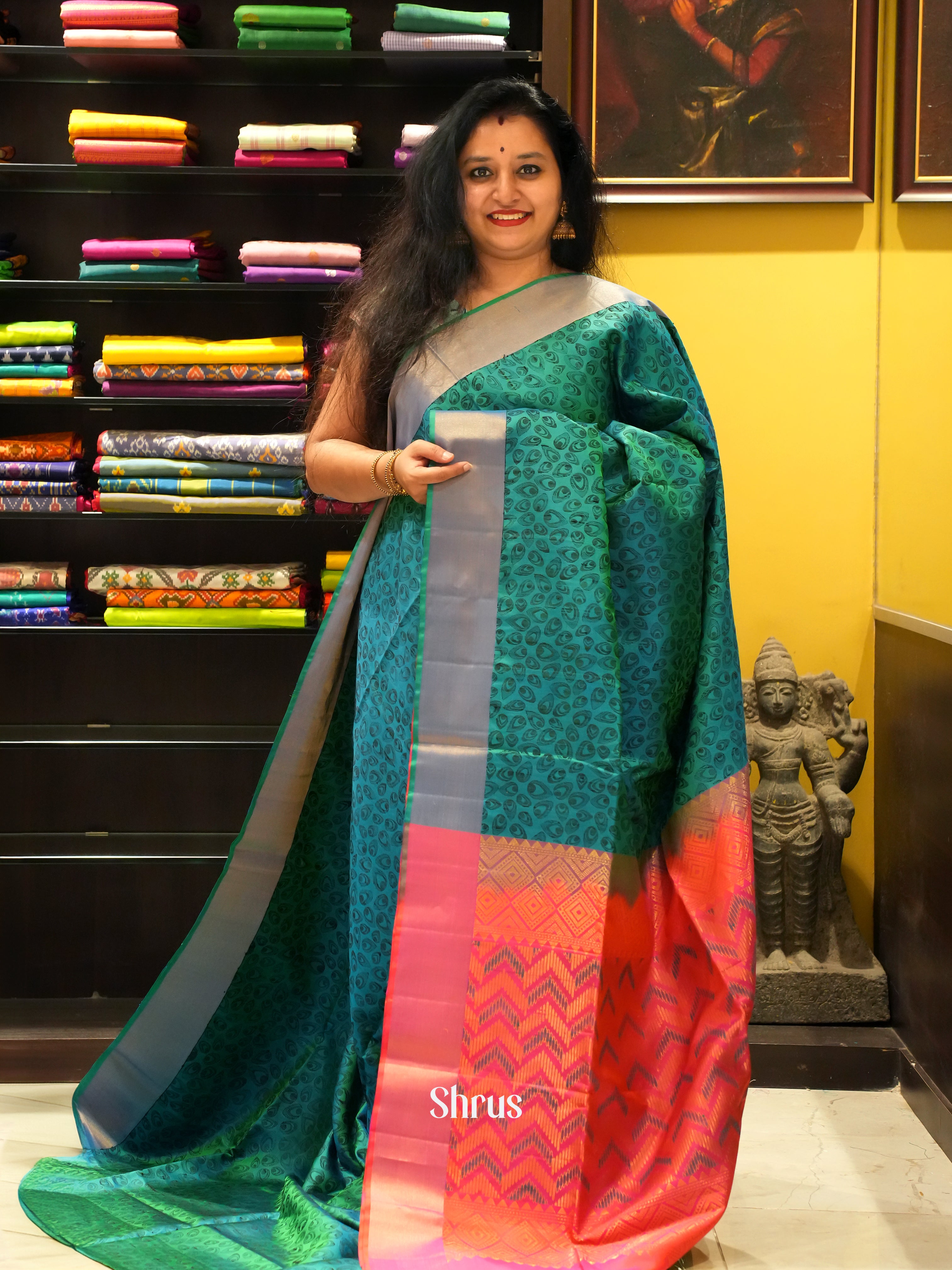 Green & Orange - Soft Silk Saree - Shop on ShrusEternity.com