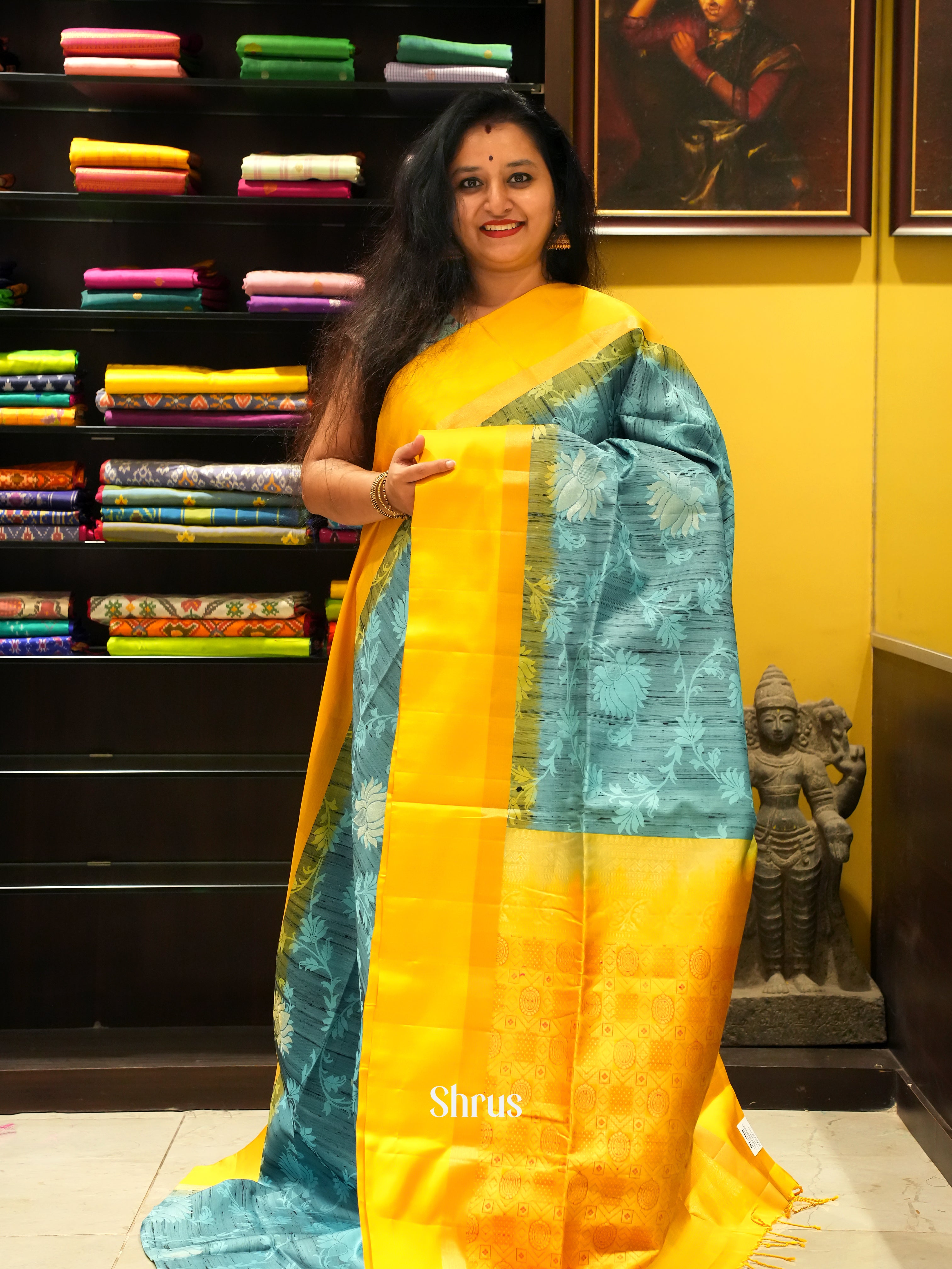 Blue & Yellow - Soft Silk Saree - Shop on ShrusEternity.com