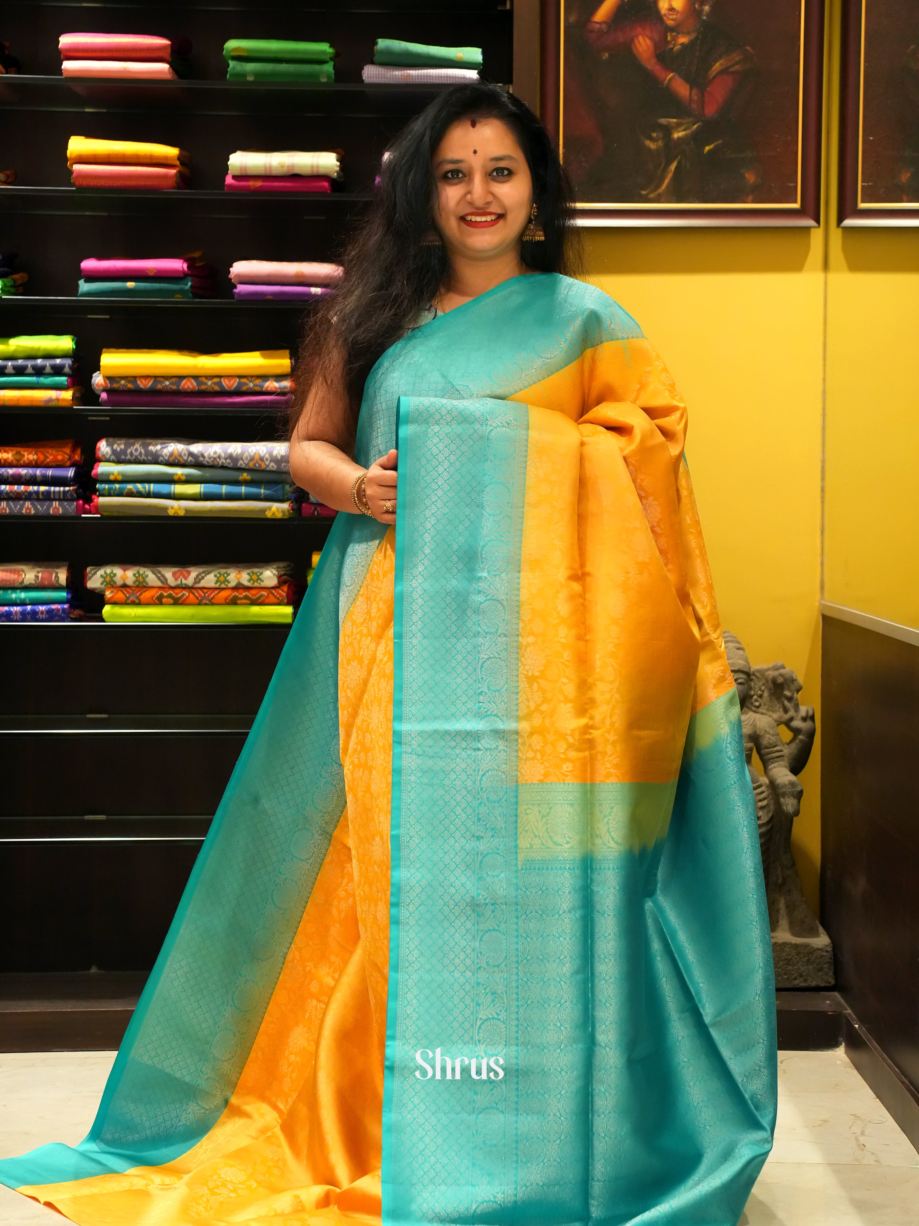 Yellow & Teal - Soft Silk Saree - Shop on ShrusEternity.com