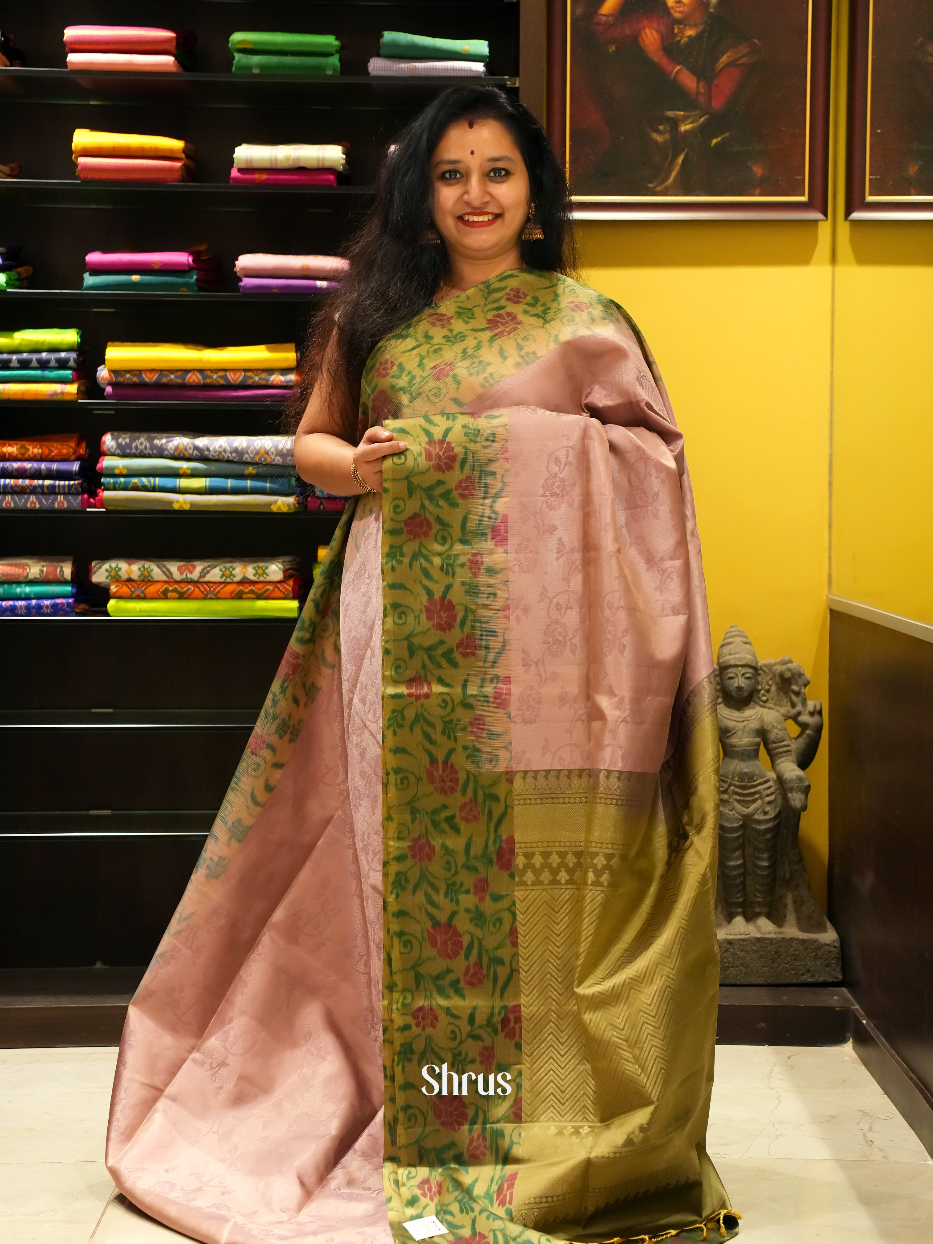 Dusty Pink & Green -Soft Silk Saree - Shop on ShrusEternity.com