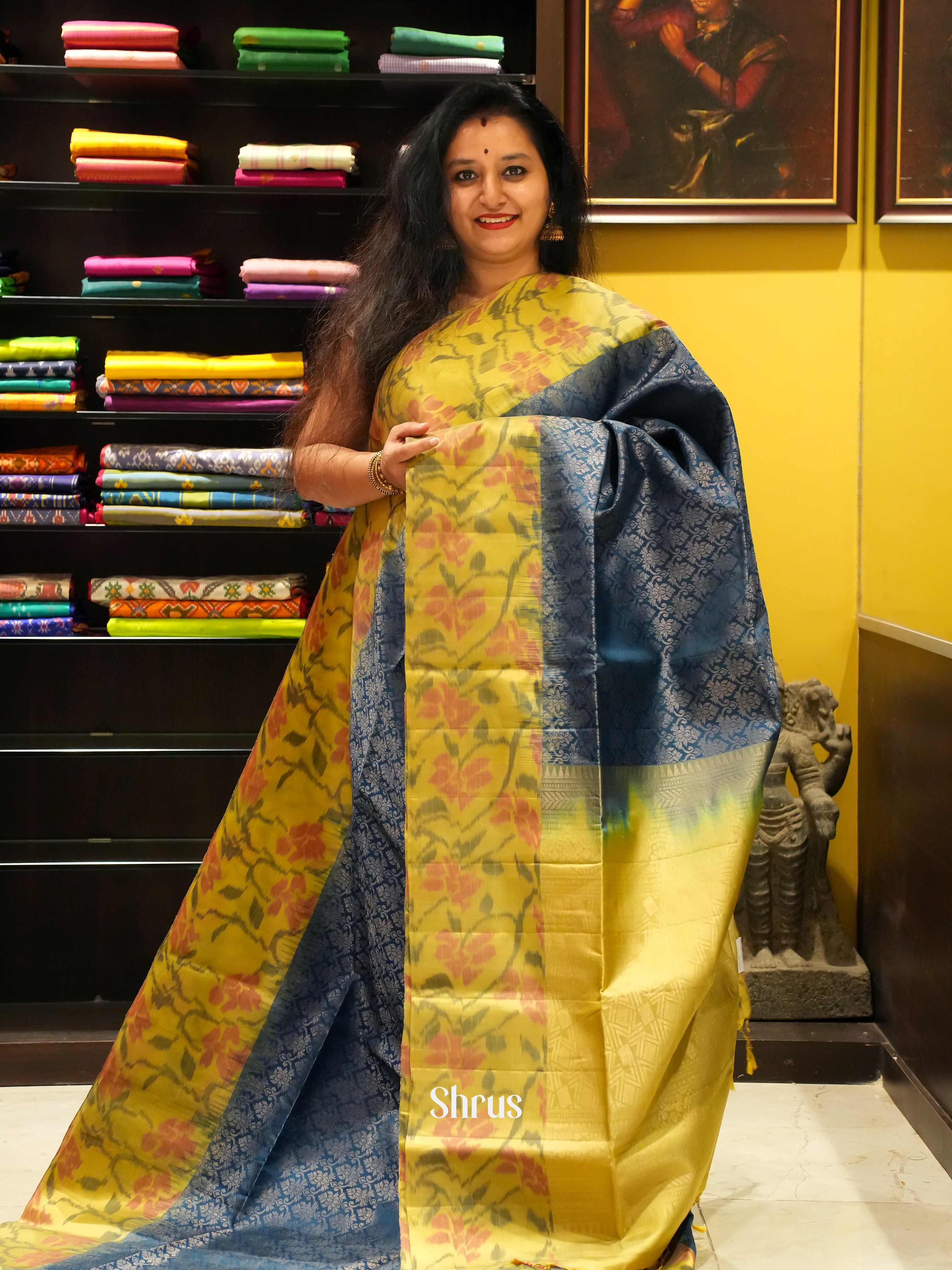 Blue & Yellow - Soft Silk Saree - Shop on ShrusEternity.com