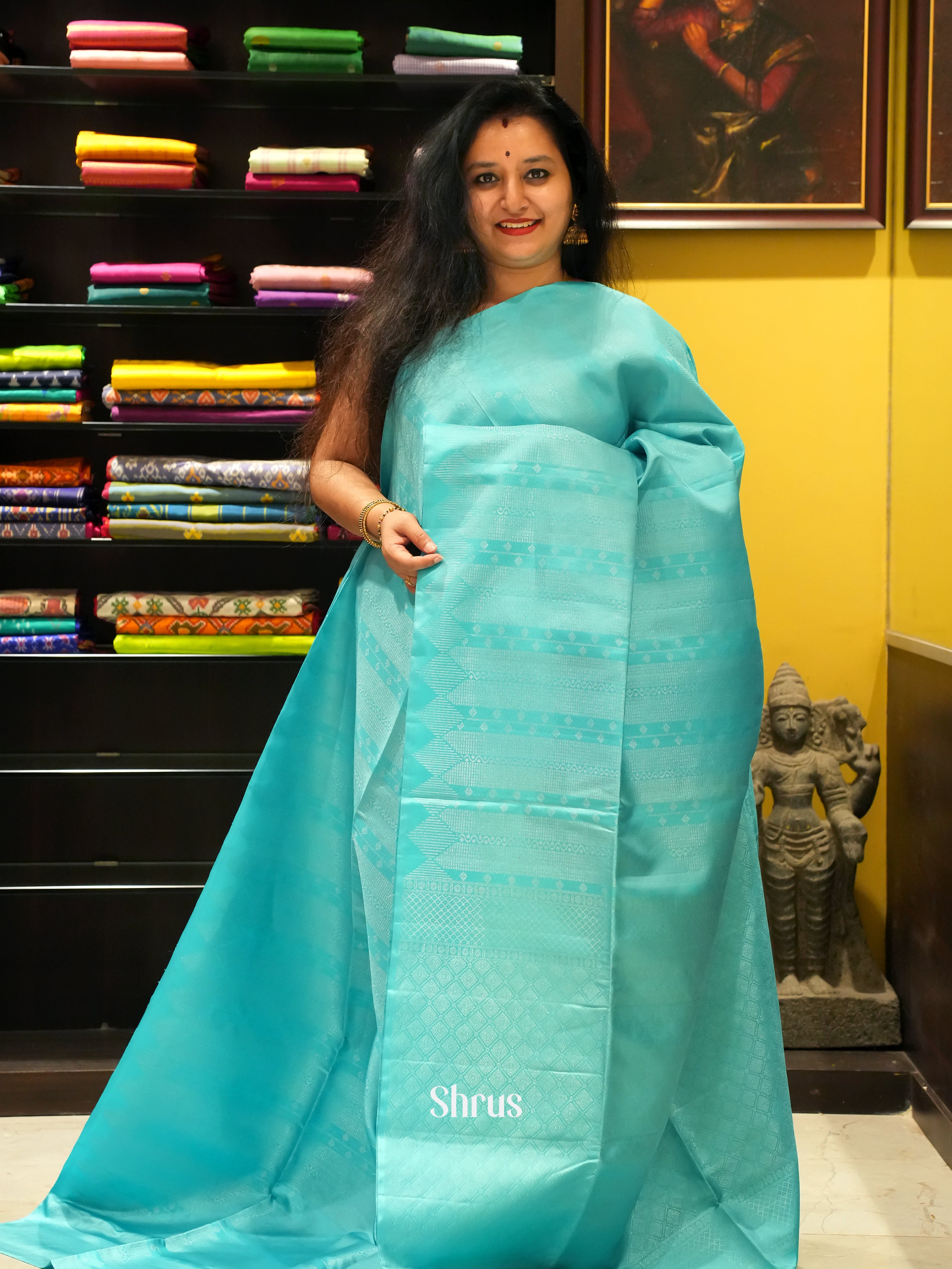 Teal & Yellow - Soft Silk Saree - Shop on ShrusEternity.com