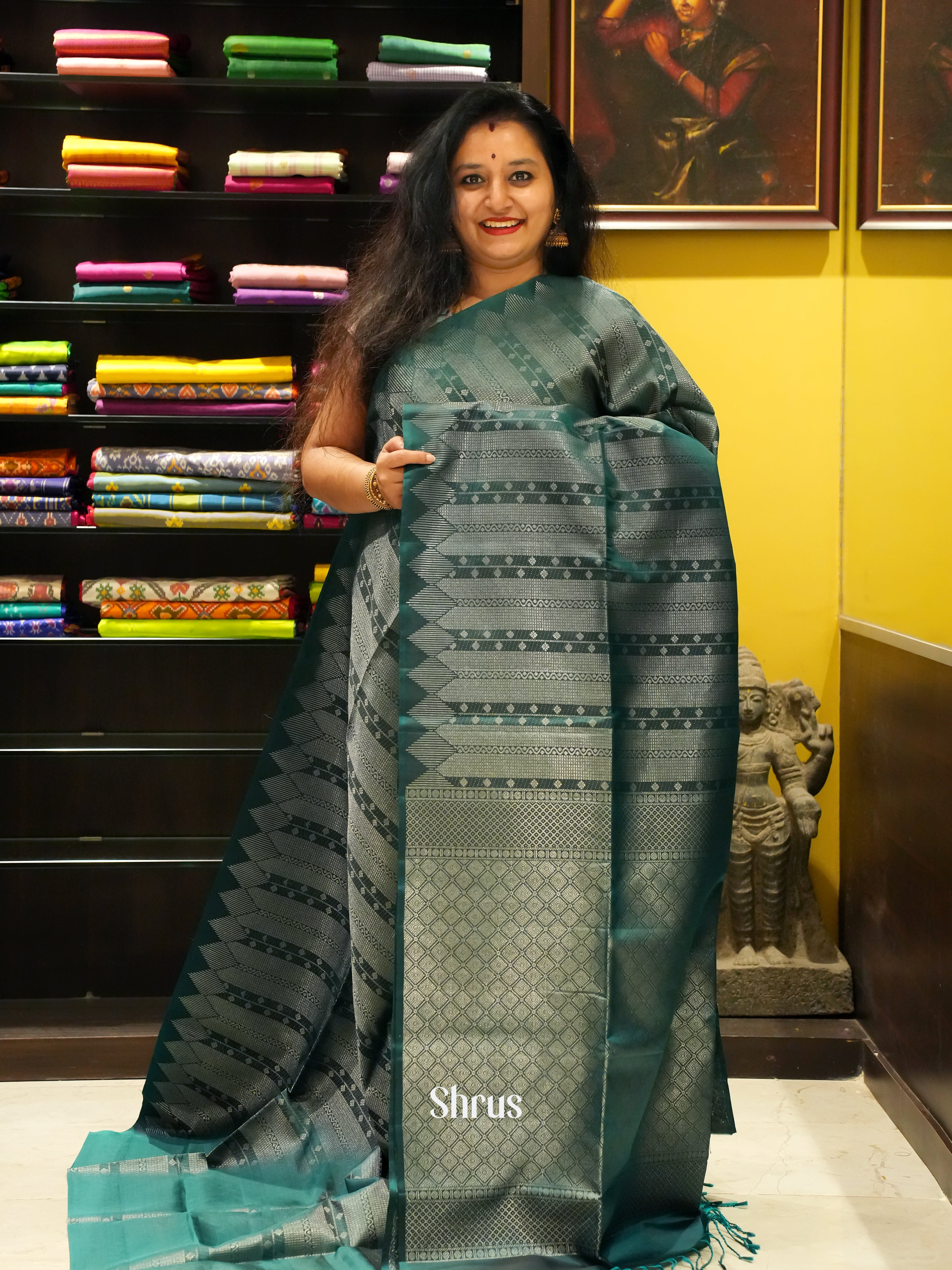 Dark Green & Grey Green - Soft Silk Saree - Shop on ShrusEternity.com