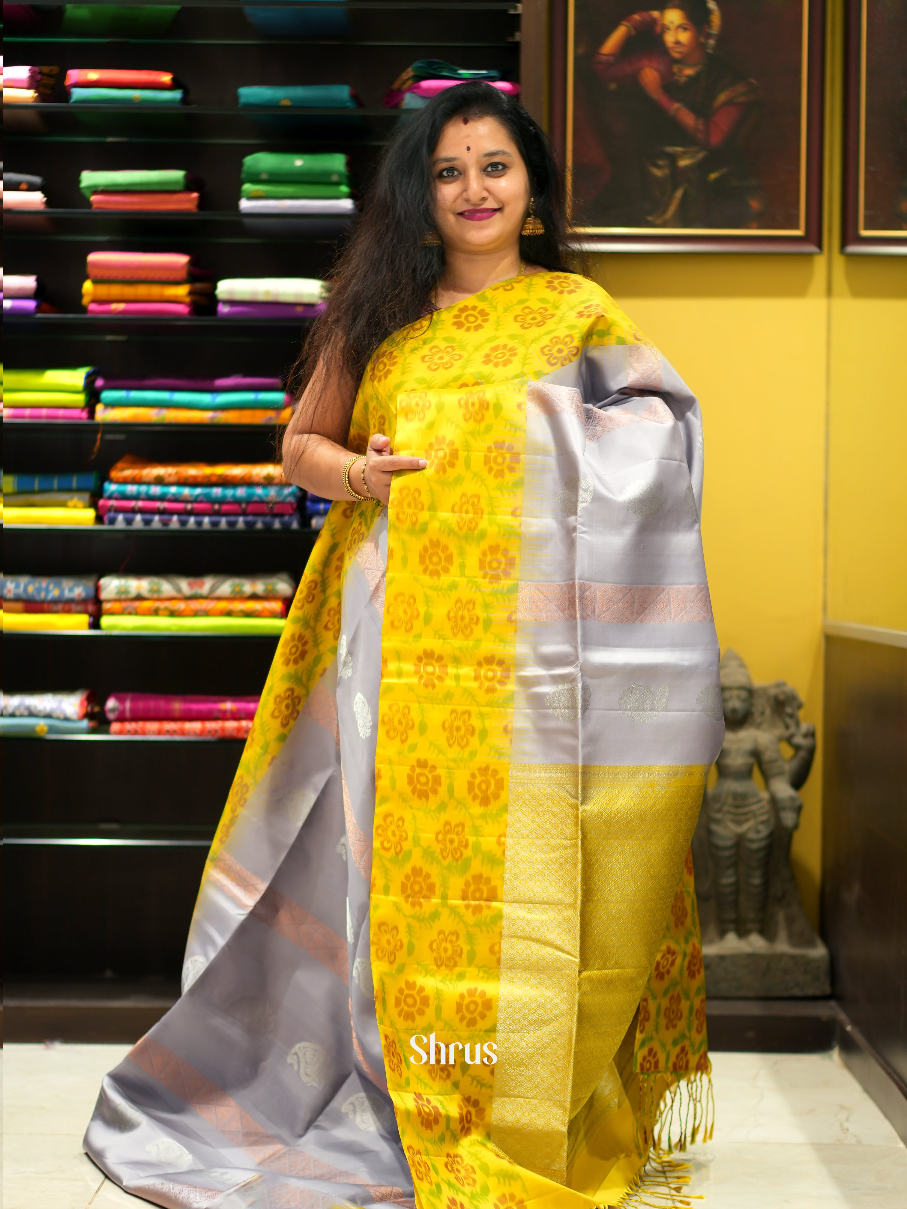 Grey & Yellow - Soft Silk Saree - Shop on ShrusEternity.com