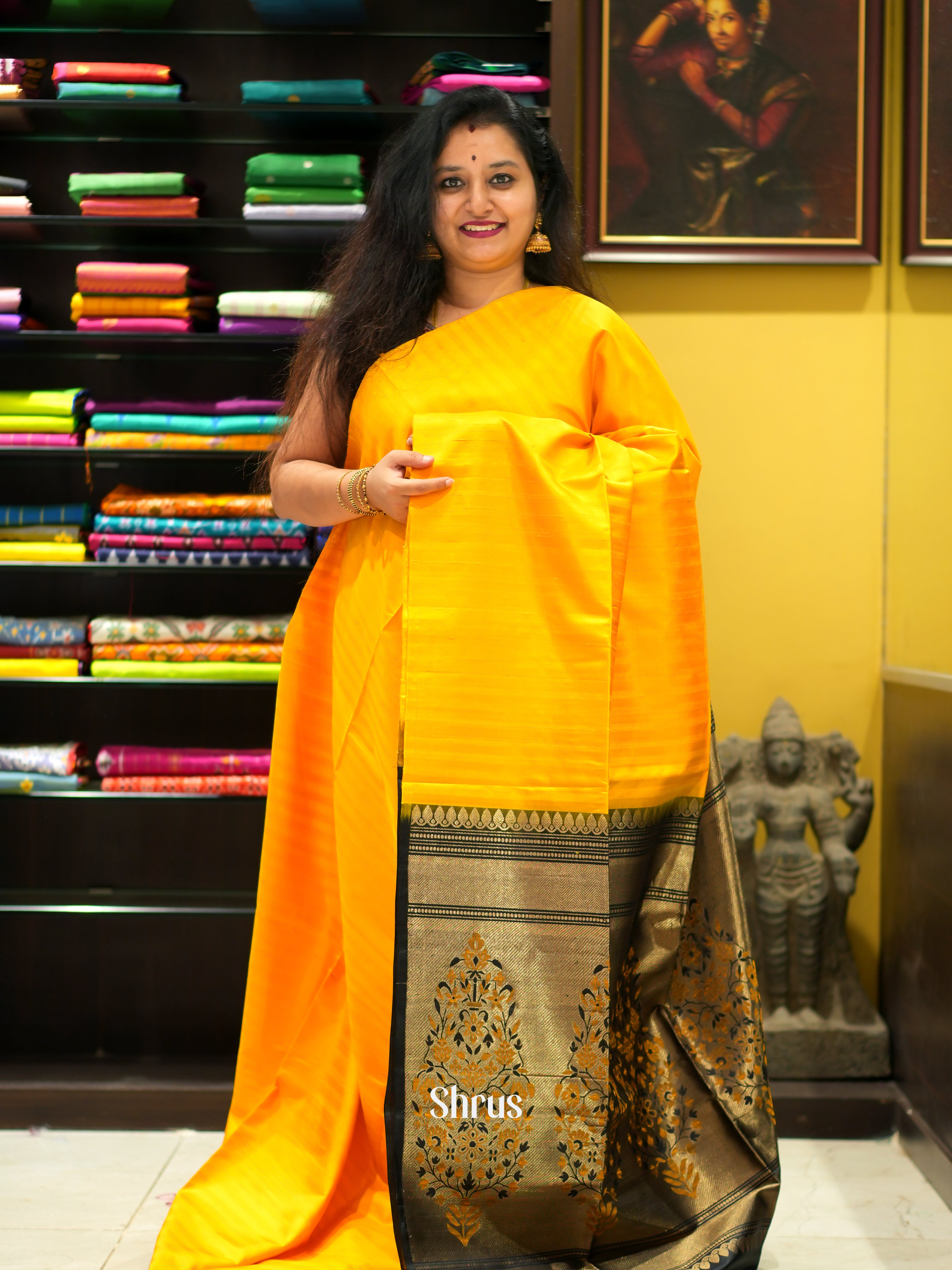 Yellow & Black - Soft Silk Saree - Shop on ShrusEternity.com