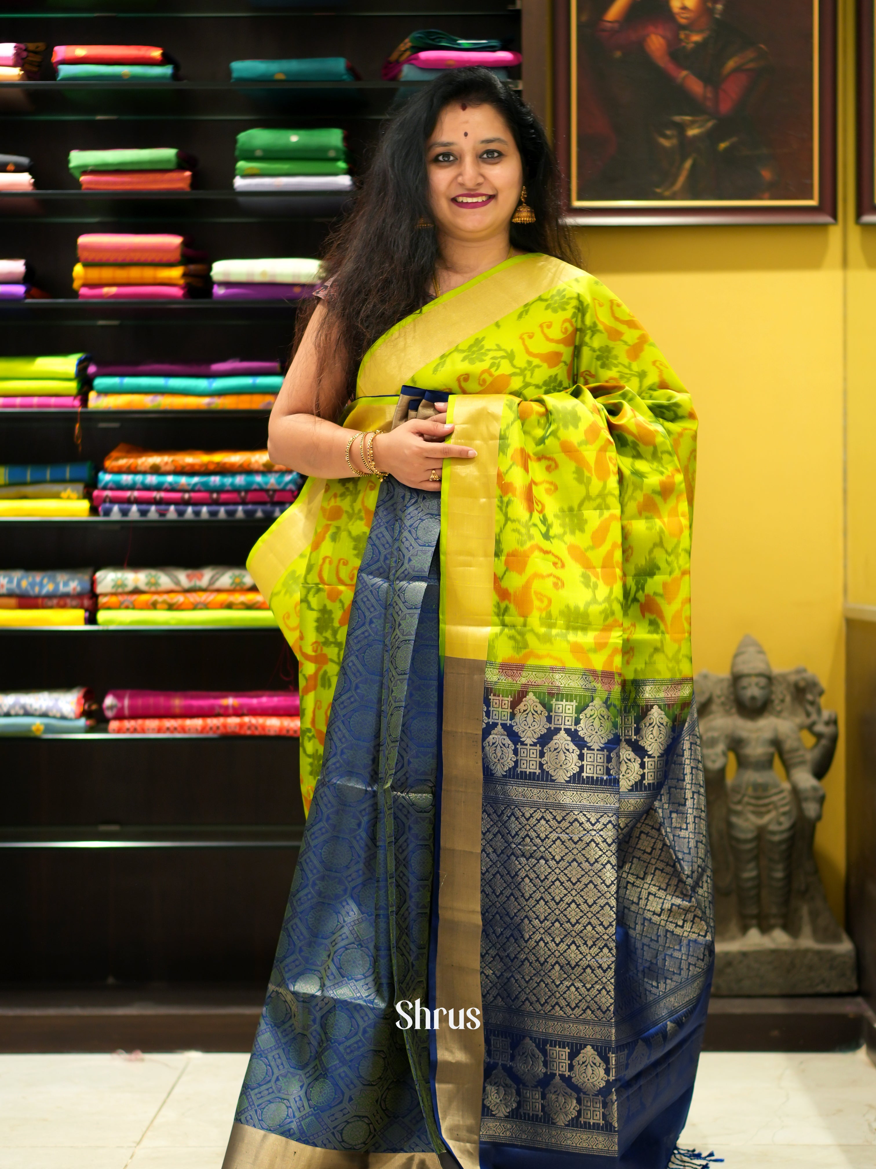 Lime Green & Blue- Soft Silk Saree - Shop on ShrusEternity.com