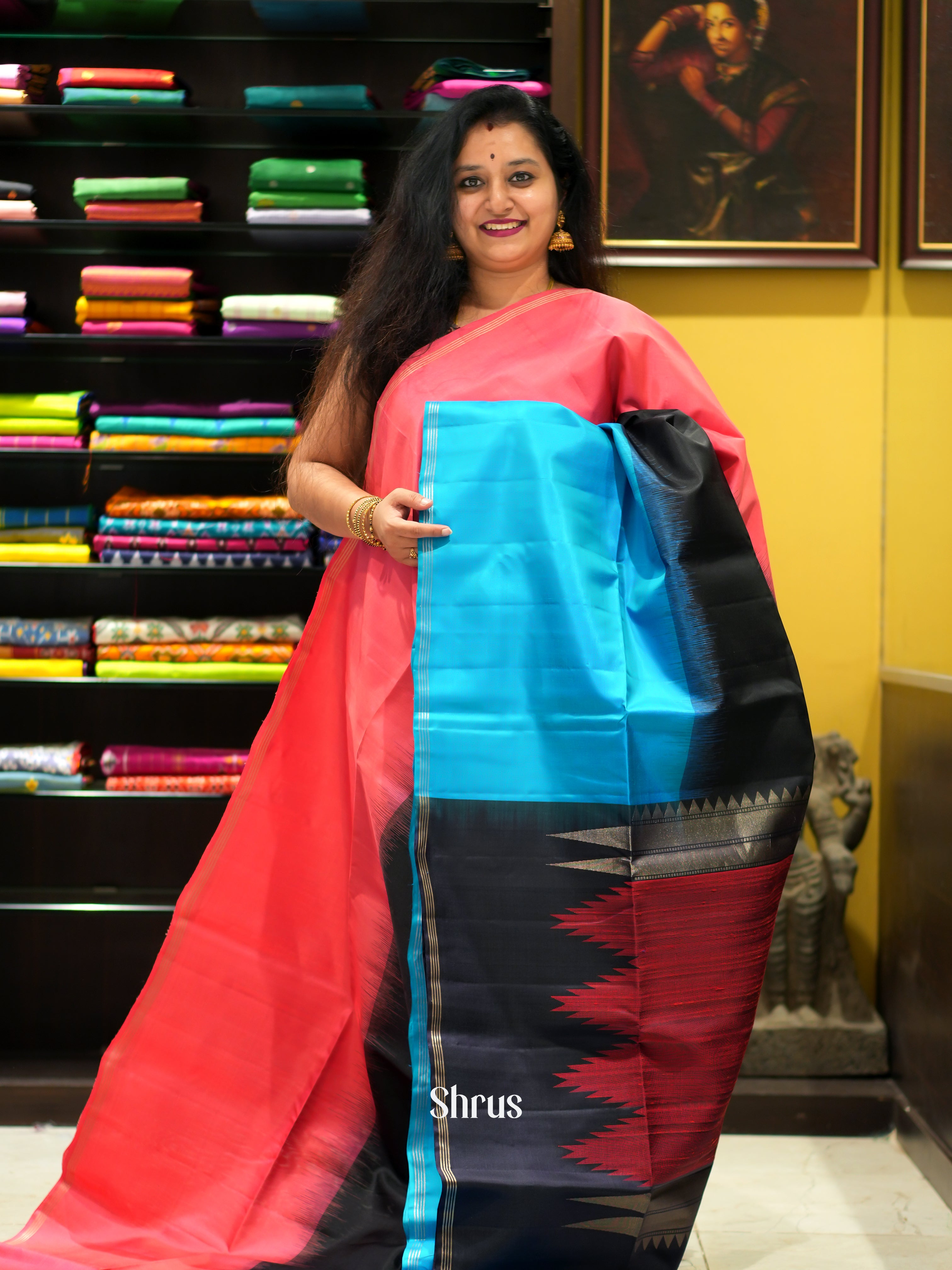 Red , Blue , Black - Soft Silk Saree - Shop on ShrusEternity.com