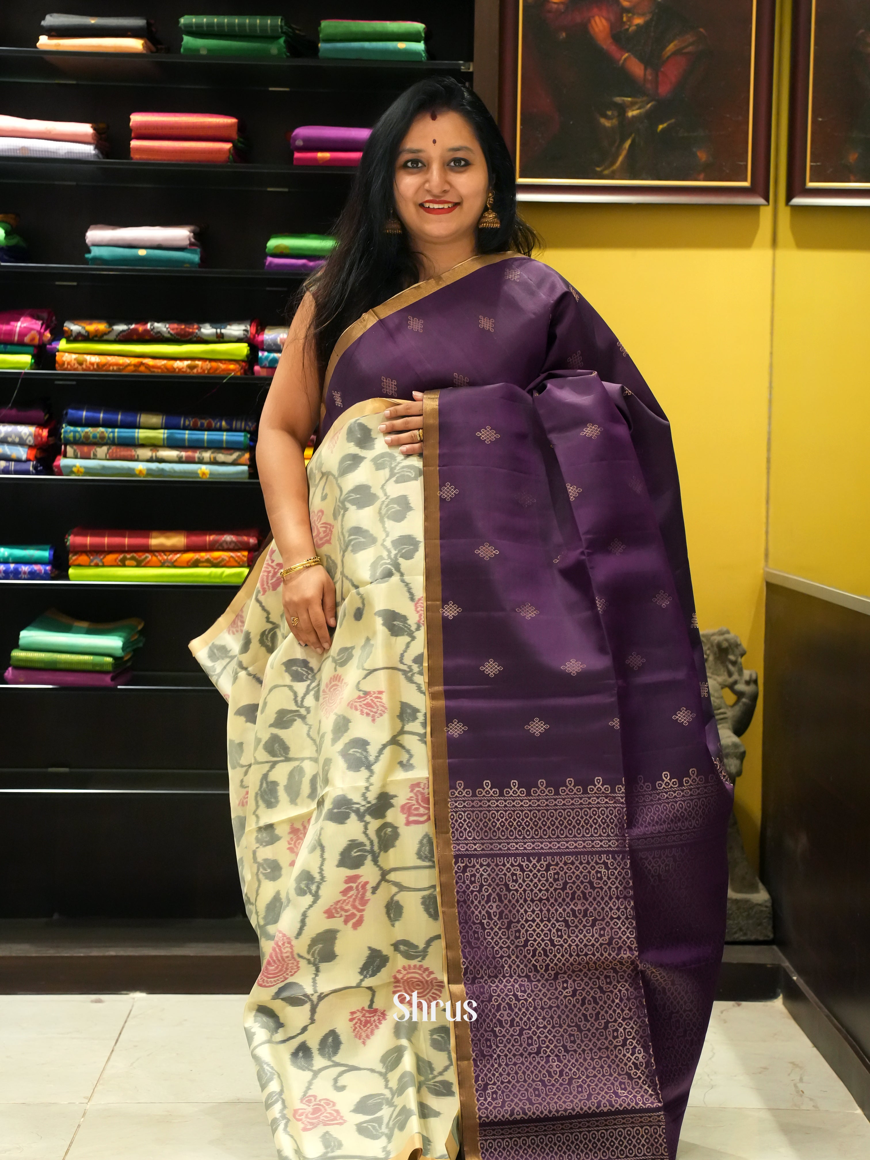 Purple & Cream - Soft Silk Saree - Shop on ShrusEternity.com