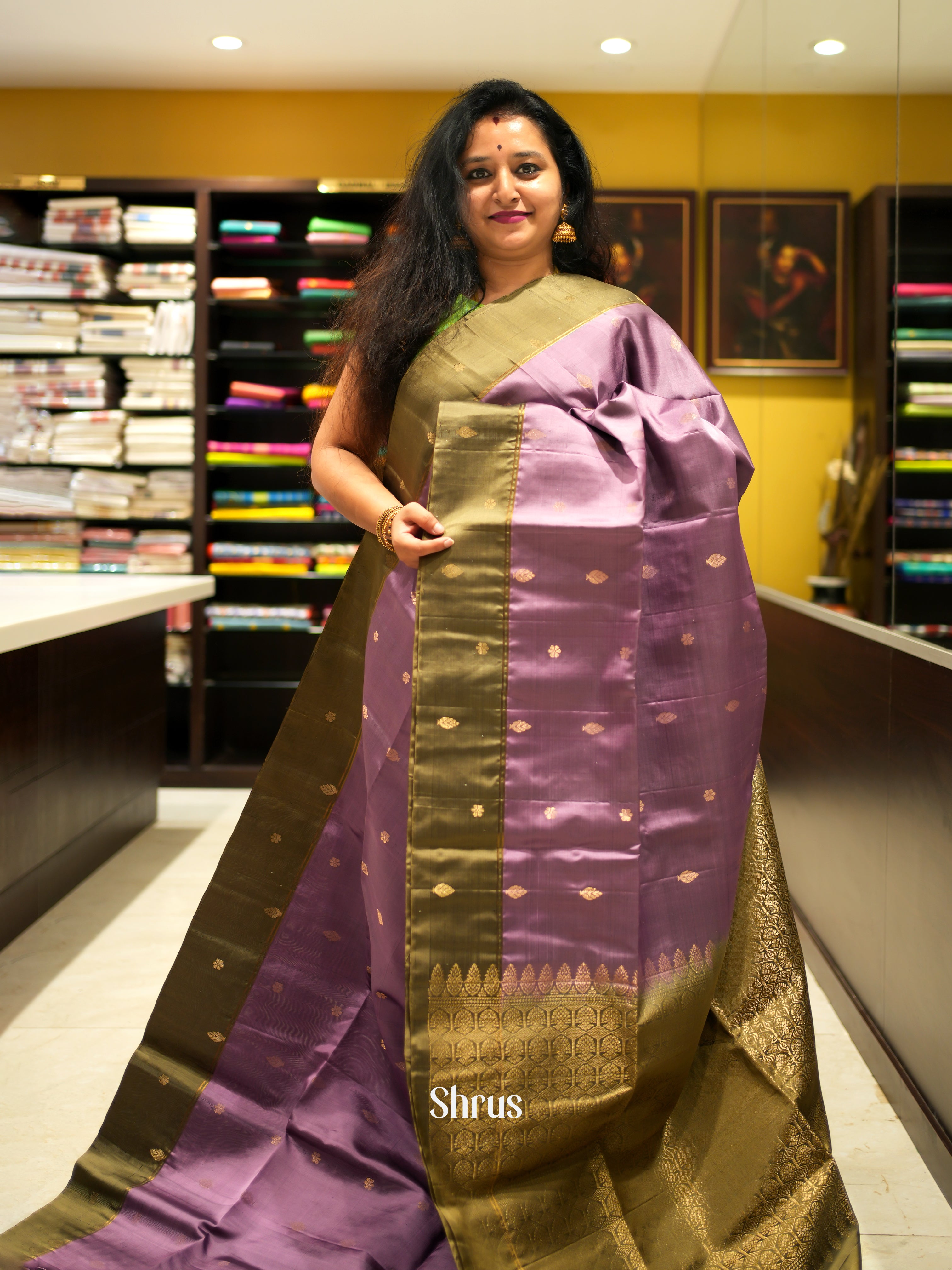 Lavender & Mehandi Green - Soft Silk Saree - Shop on ShrusEternity.com