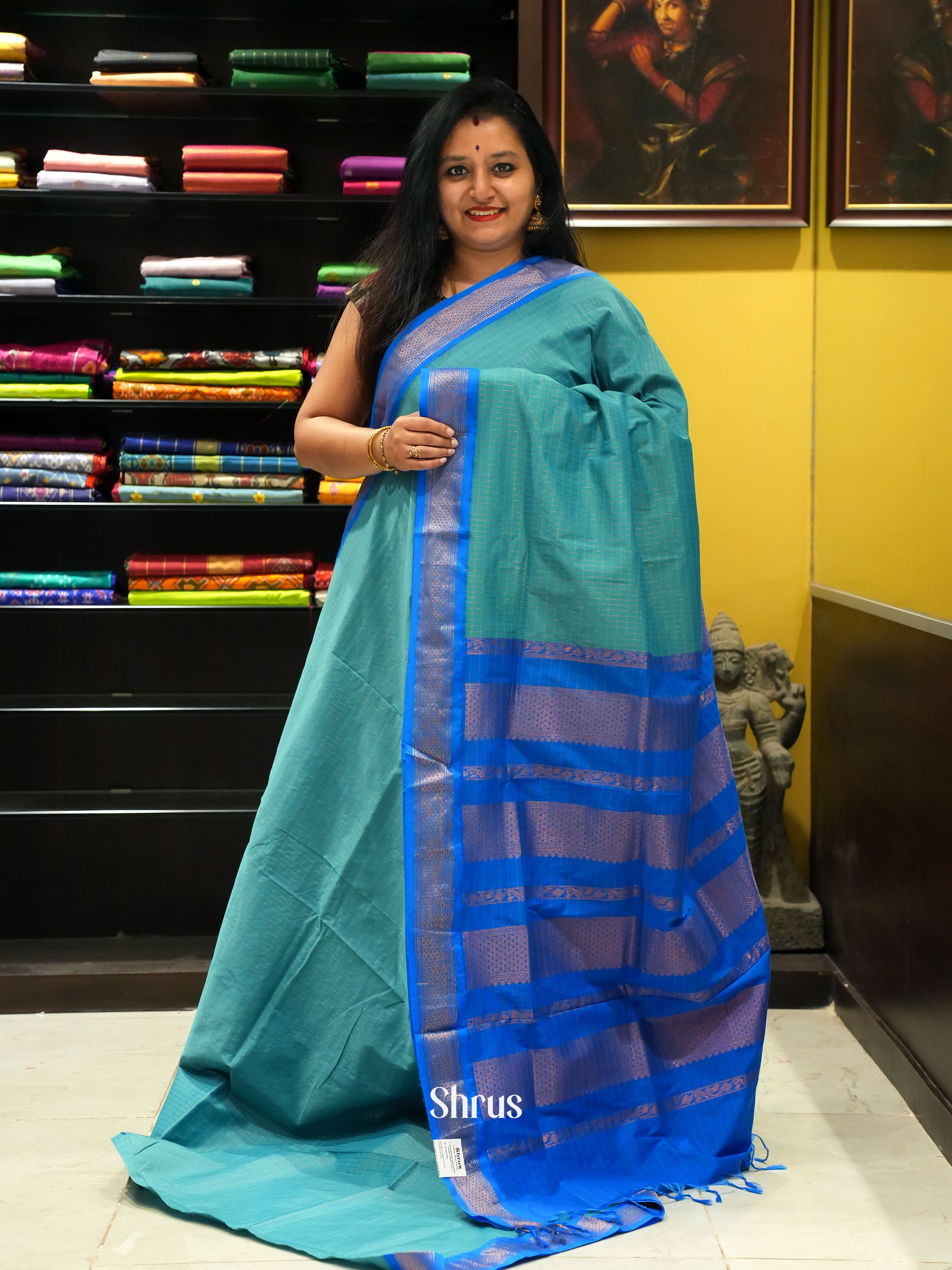Teal Green & Blue - Kalyani Cotton Saree - Shop on ShrusEternity.com