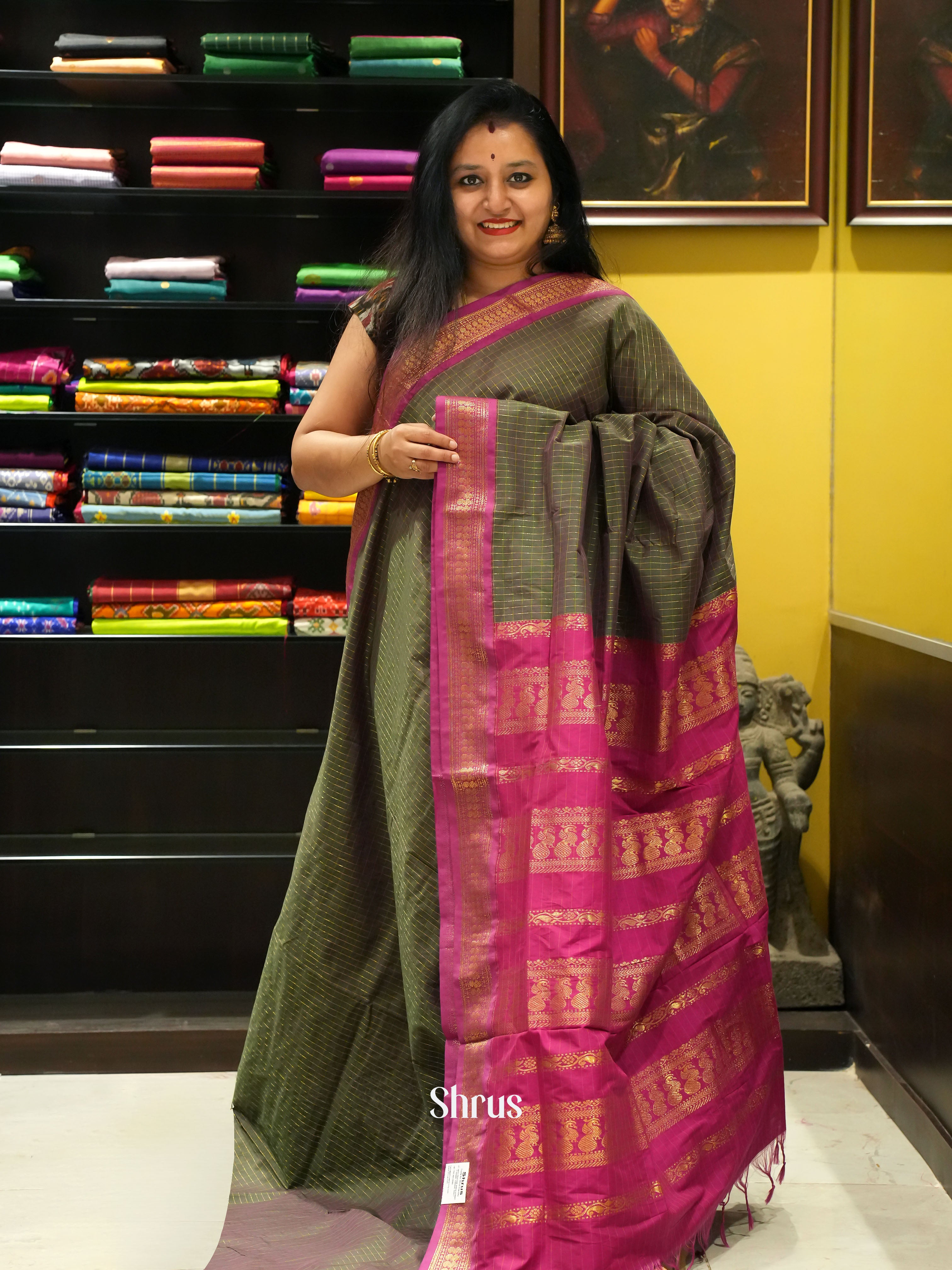 Army Green & Pink - Kalyani Cotton Saree - Shop on ShrusEternity.com