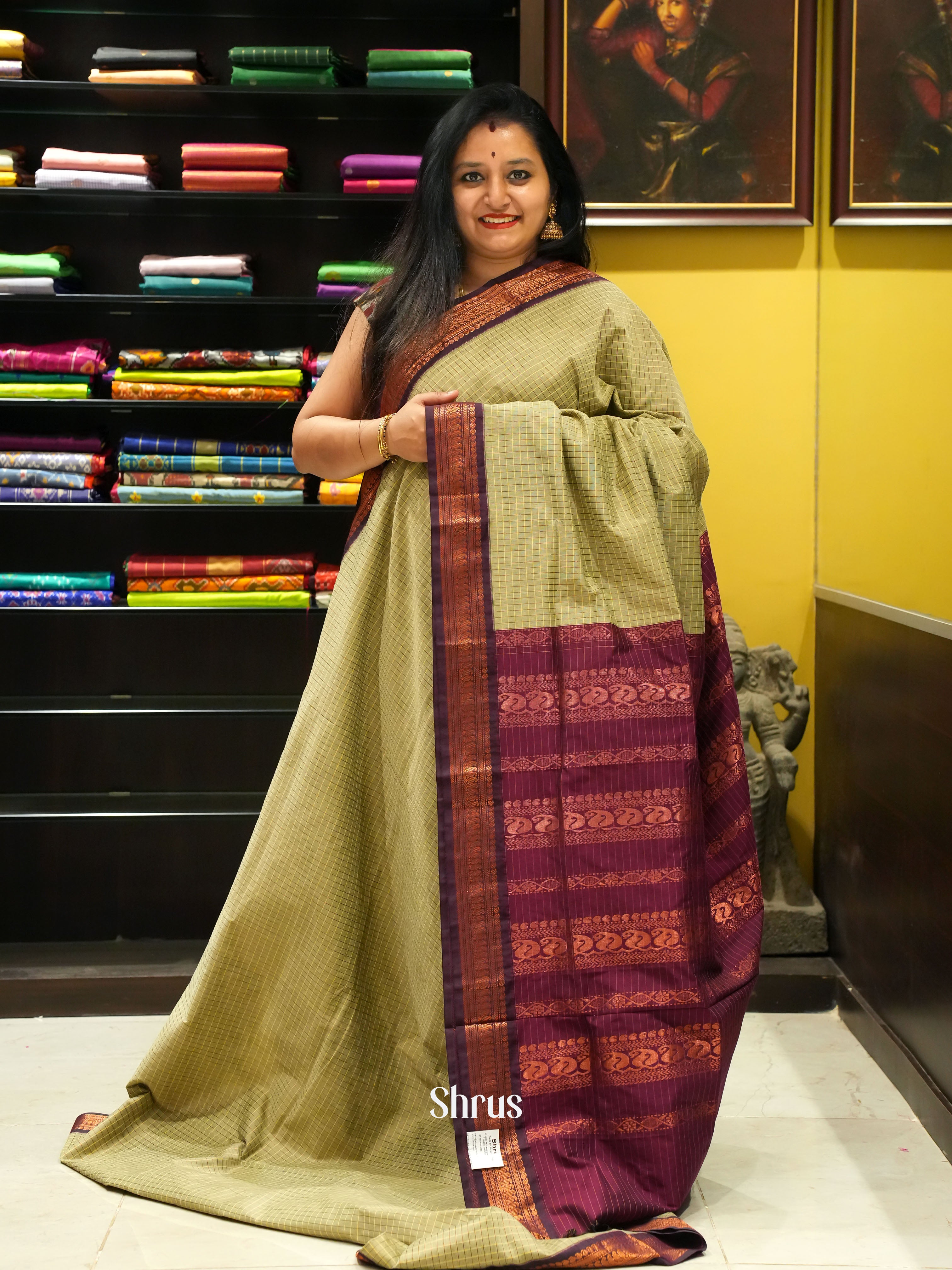 Elachi Green & Maroon - Kalyani Cotton Saree - Shop on ShrusEternity.com