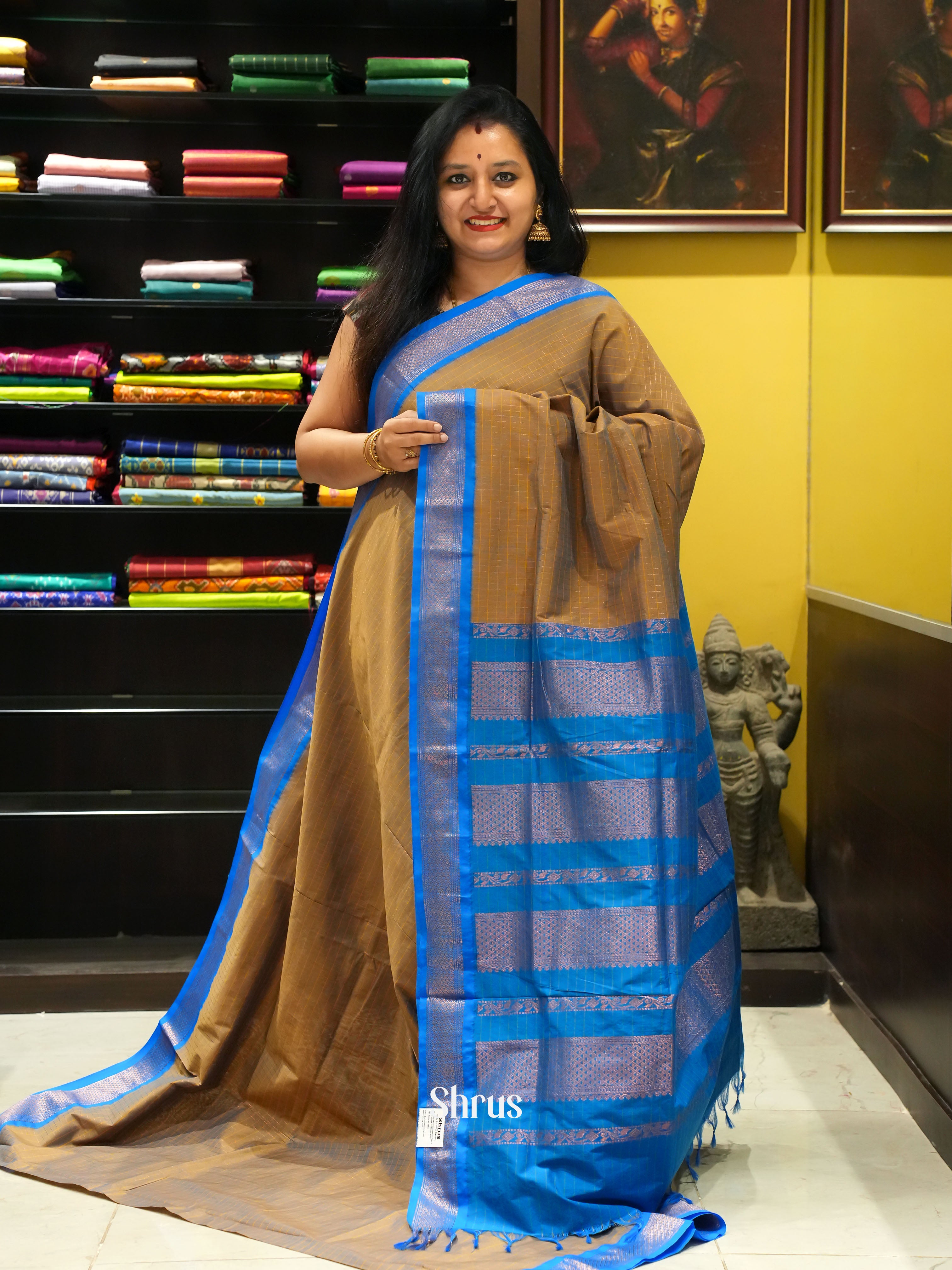 Beige & Blue - Kalyani Cotton Saree - Shop on ShrusEternity.com