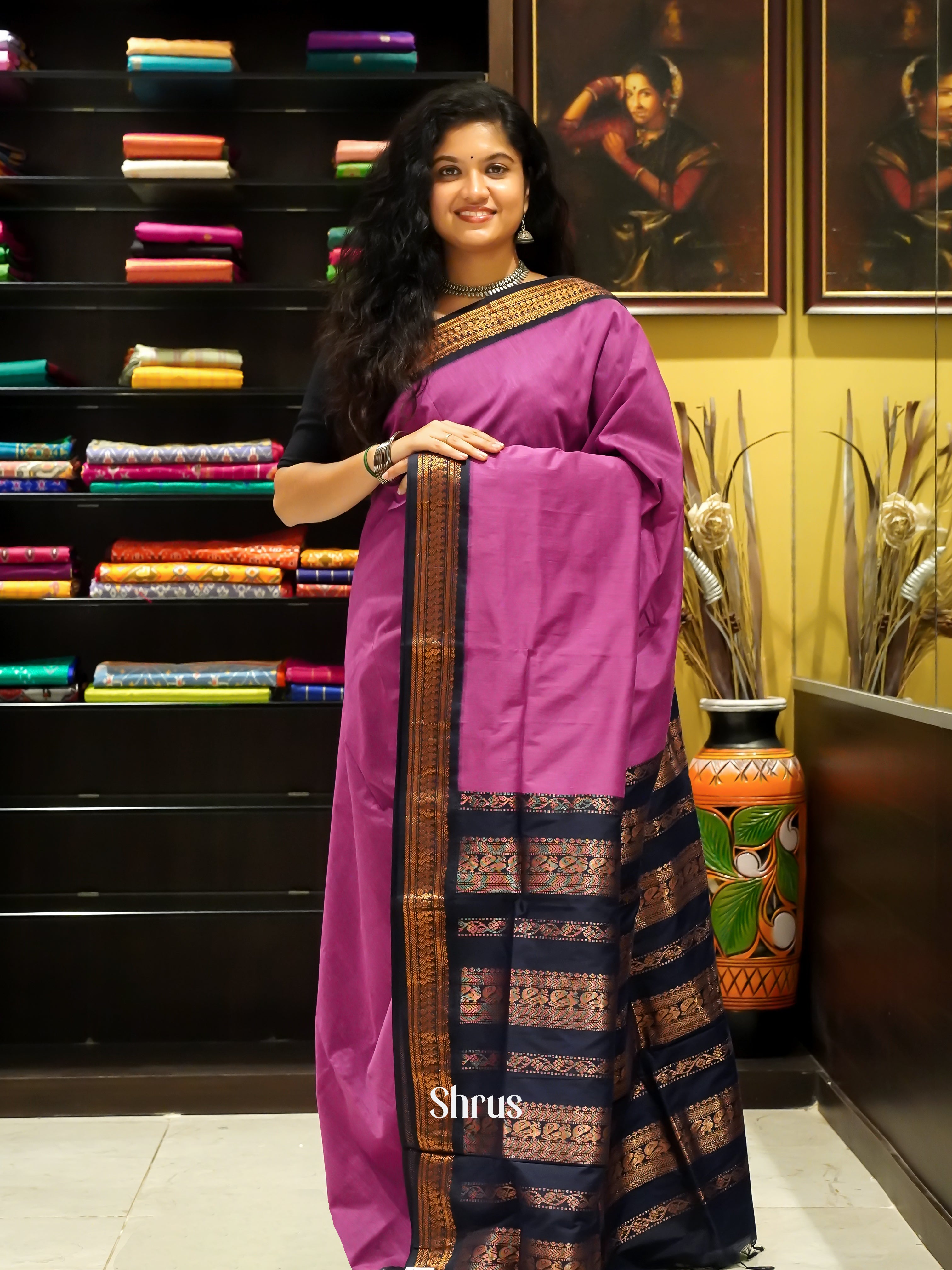 Pink & Black - Kalyani Cotton Saree - Shop on ShrusEternity.com