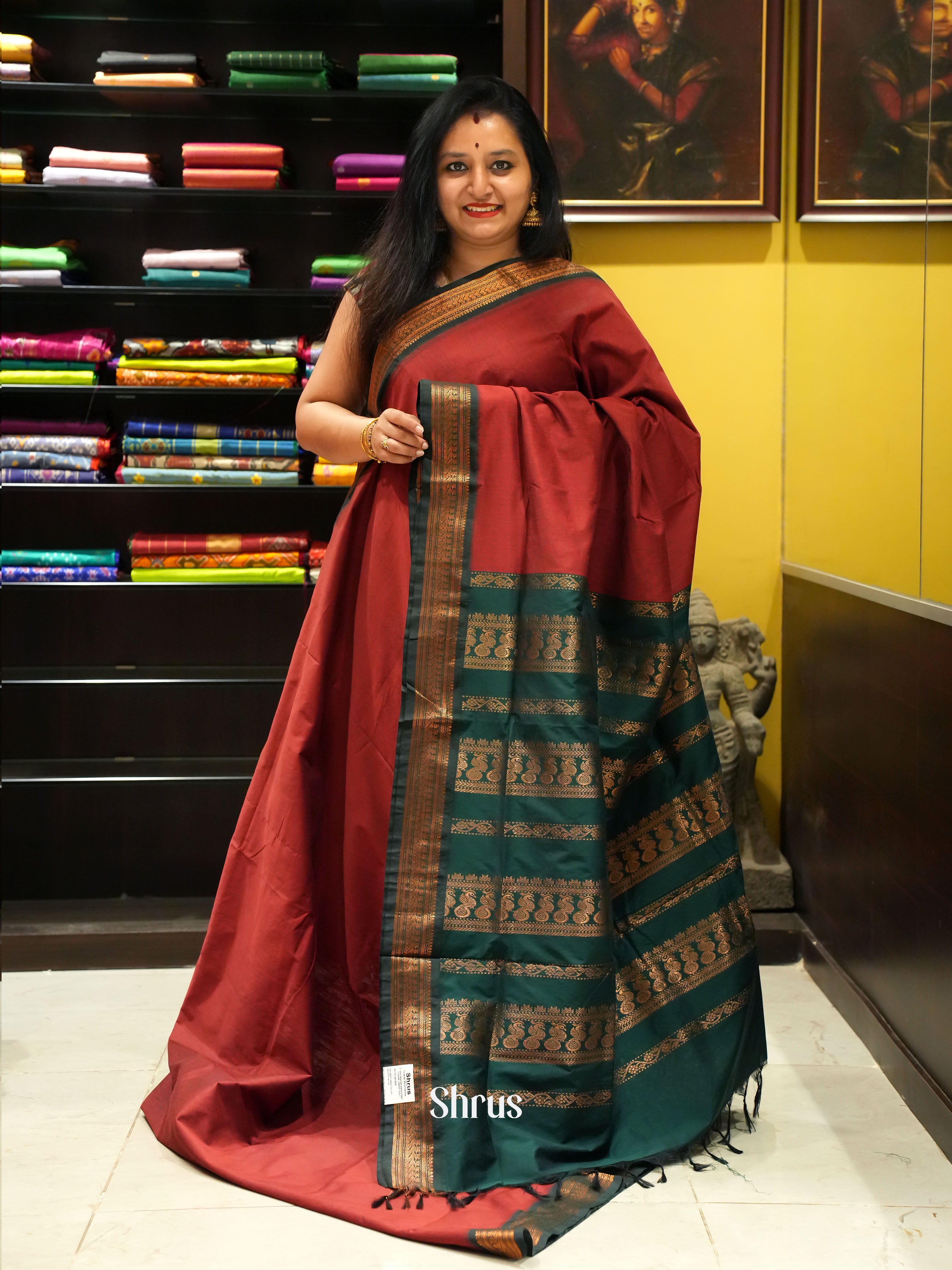 maroon & Green - Kalyani Cotton Saree - Shop on ShrusEternity.com