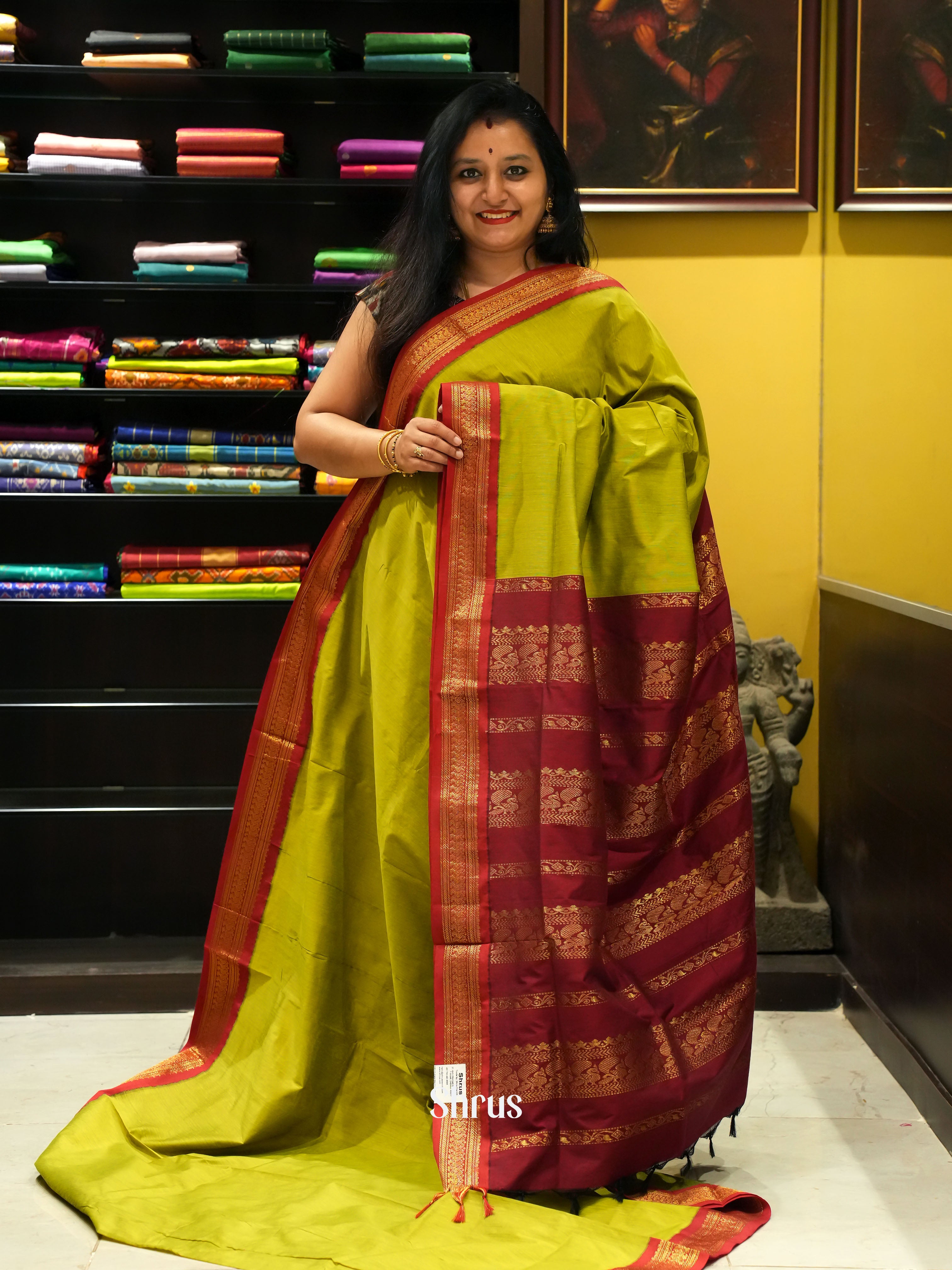 Light Green & Maroon - Kalyani Cotton Saree - Shop on ShrusEternity.com