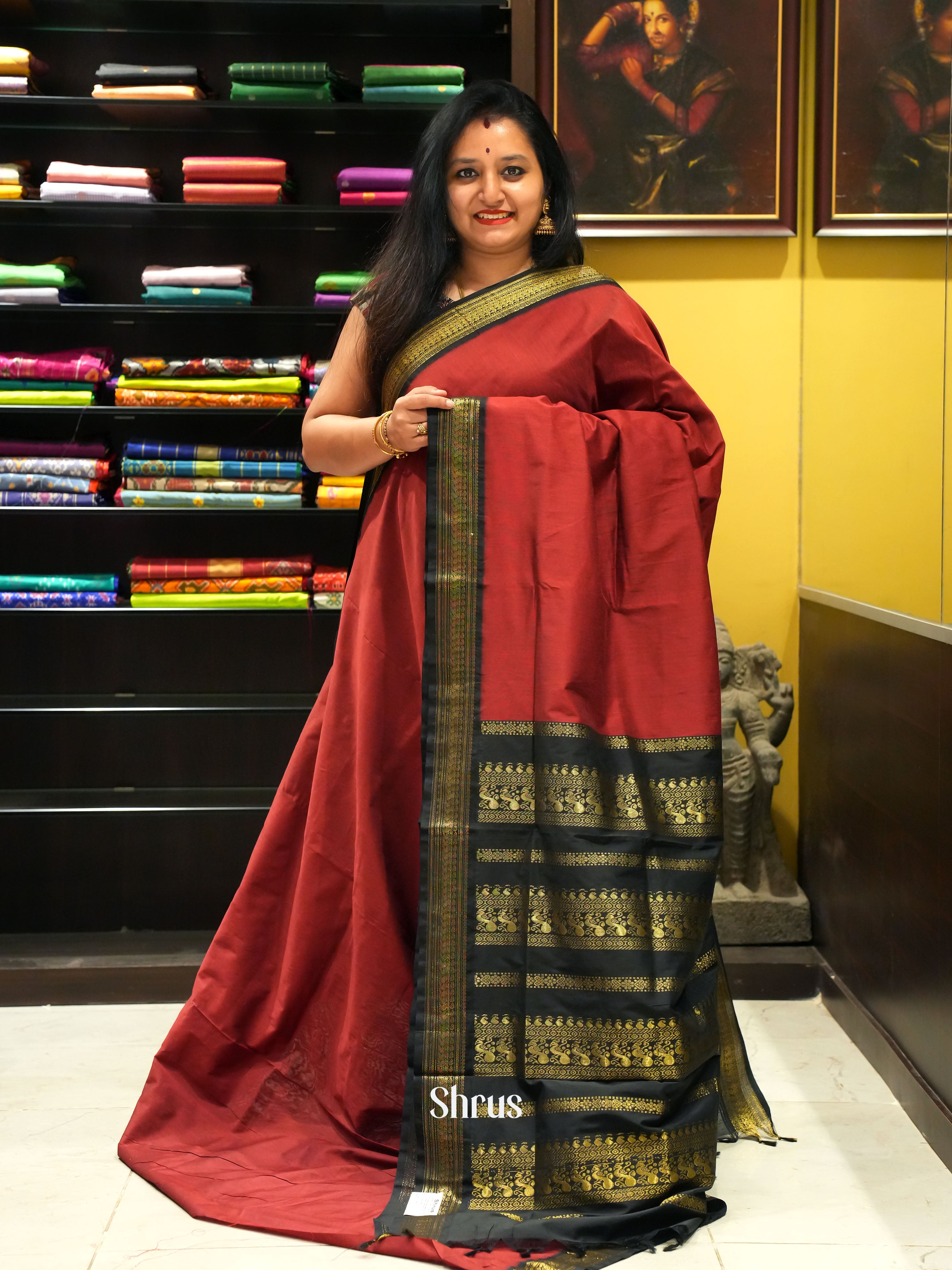 Maroon & Black - Kalyani Cotton Saree - Shop on ShrusEternity.com