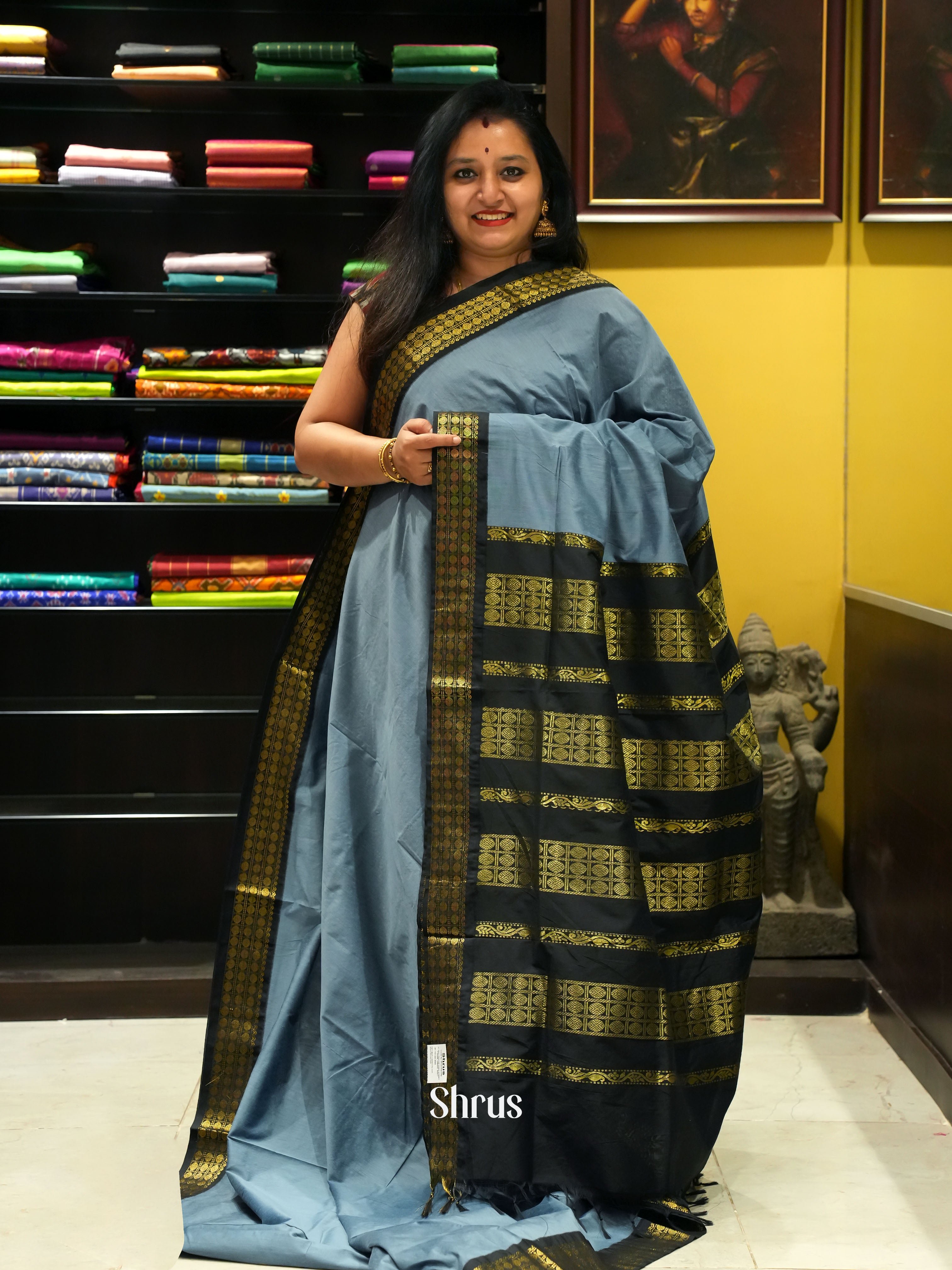 Grey & Black - Kalyani Cotton Saree - Shop on ShrusEternity.com