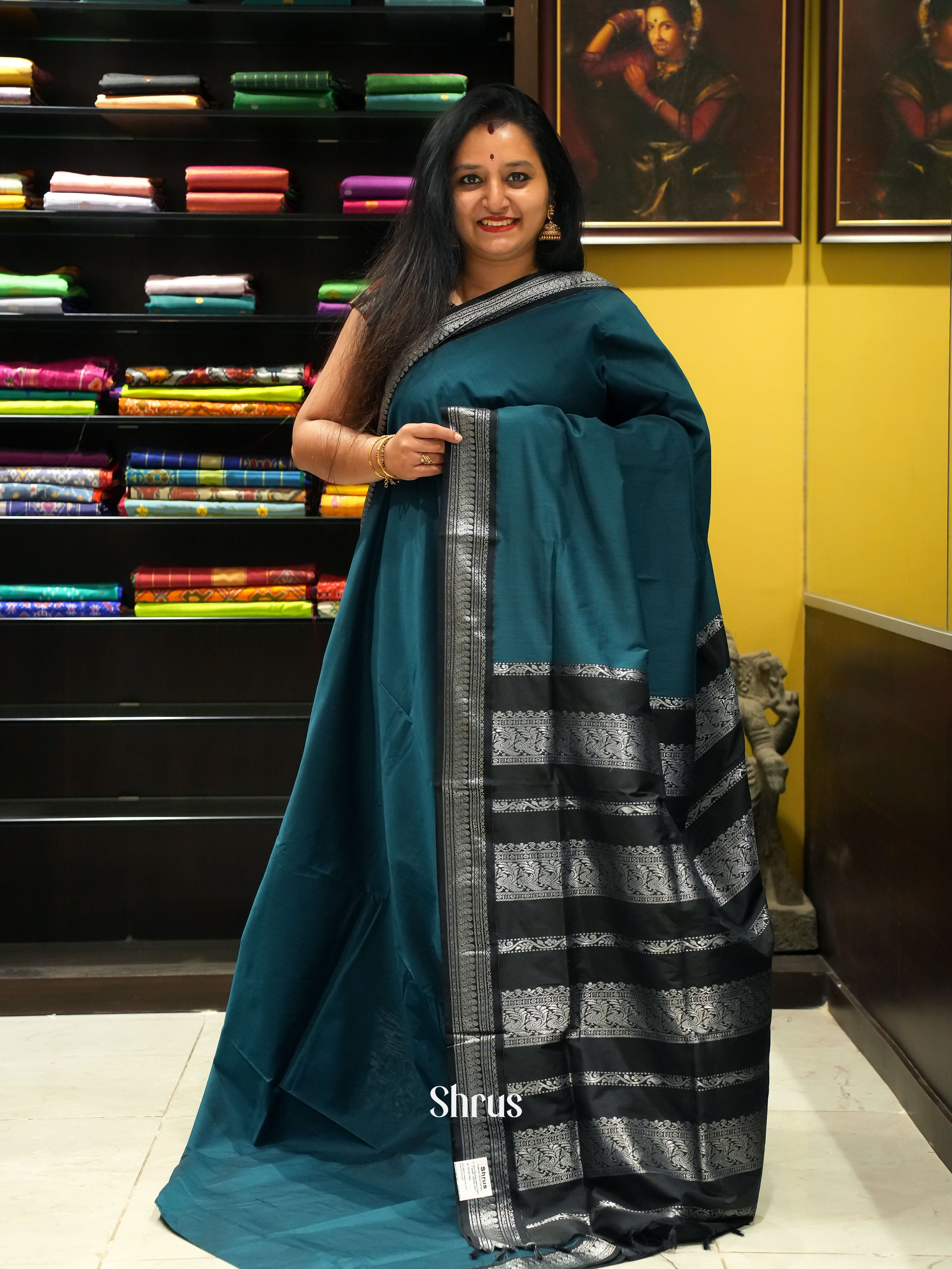 Peacock Blue & Black - Kalyani Cotton Saree - Shop on ShrusEternity.com