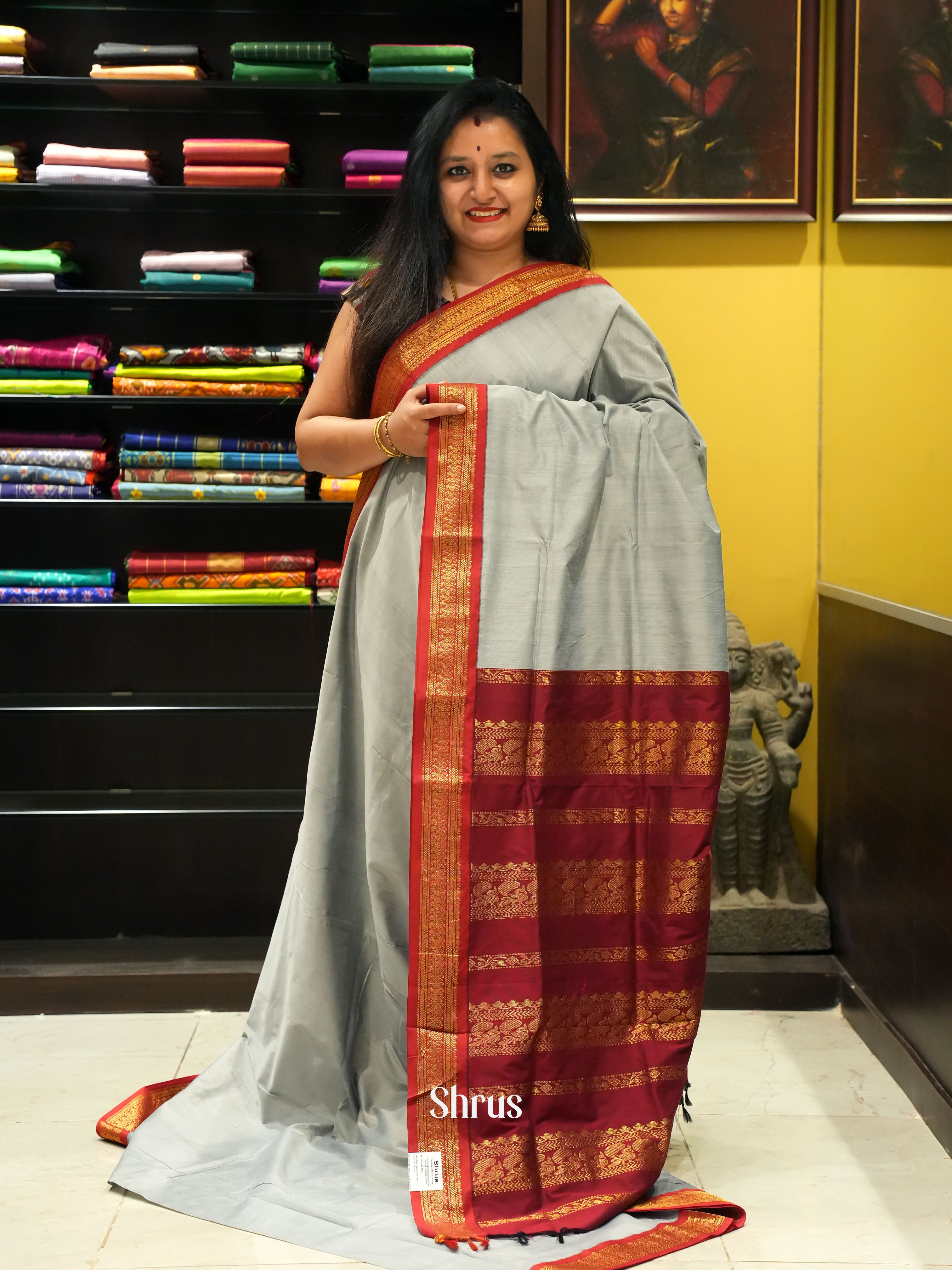 Grey & Maroon- Kalyani Cotton Saree - Shop on ShrusEternity.com
